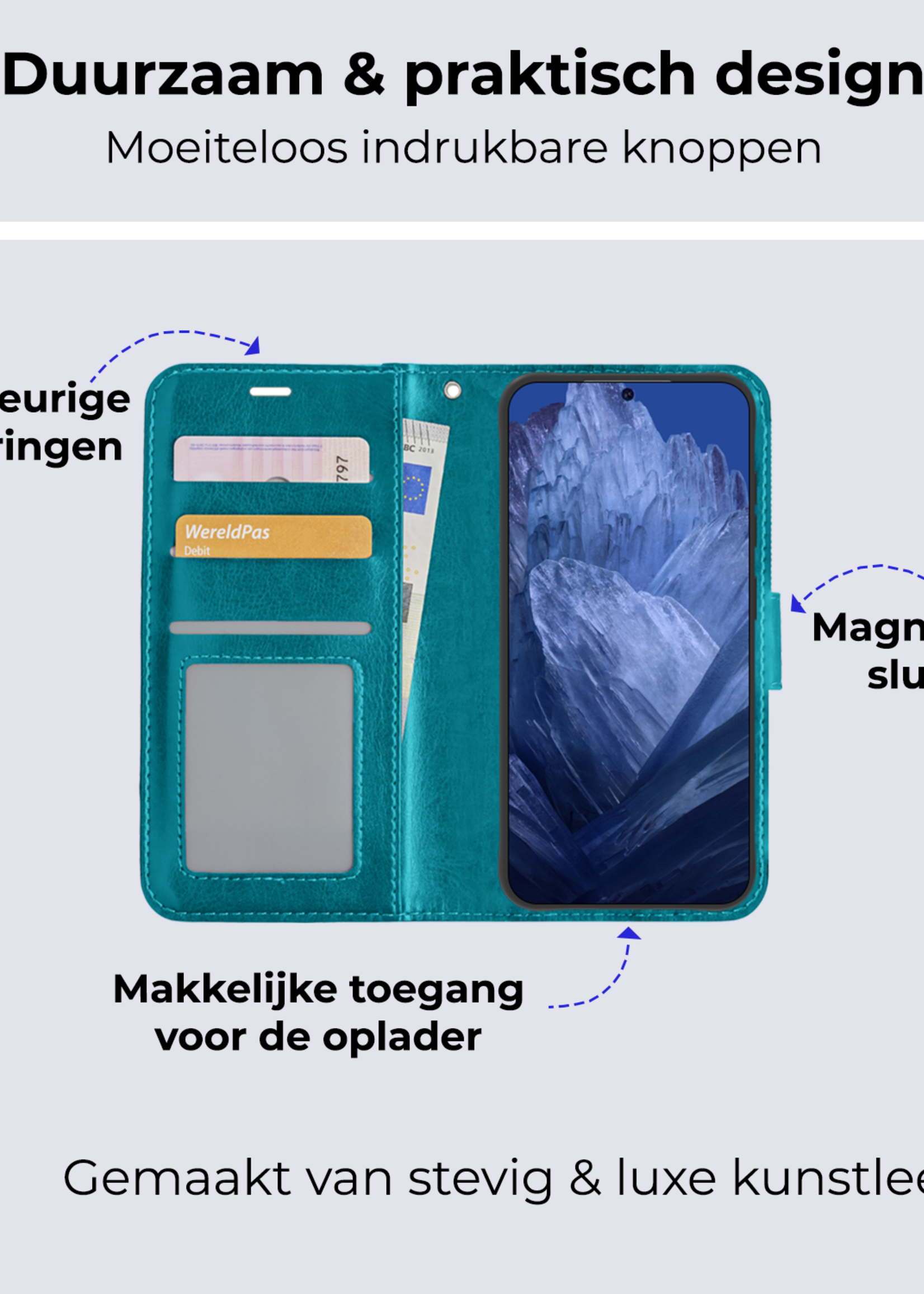 BTH Hoesje Geschikt voor Google Pixel 8a Hoesje Book Case Hoes Portemonnee Cover Walletcase - Hoes Geschikt voor Google Pixel 8a Hoes Bookcase Hoesje - Turquoise