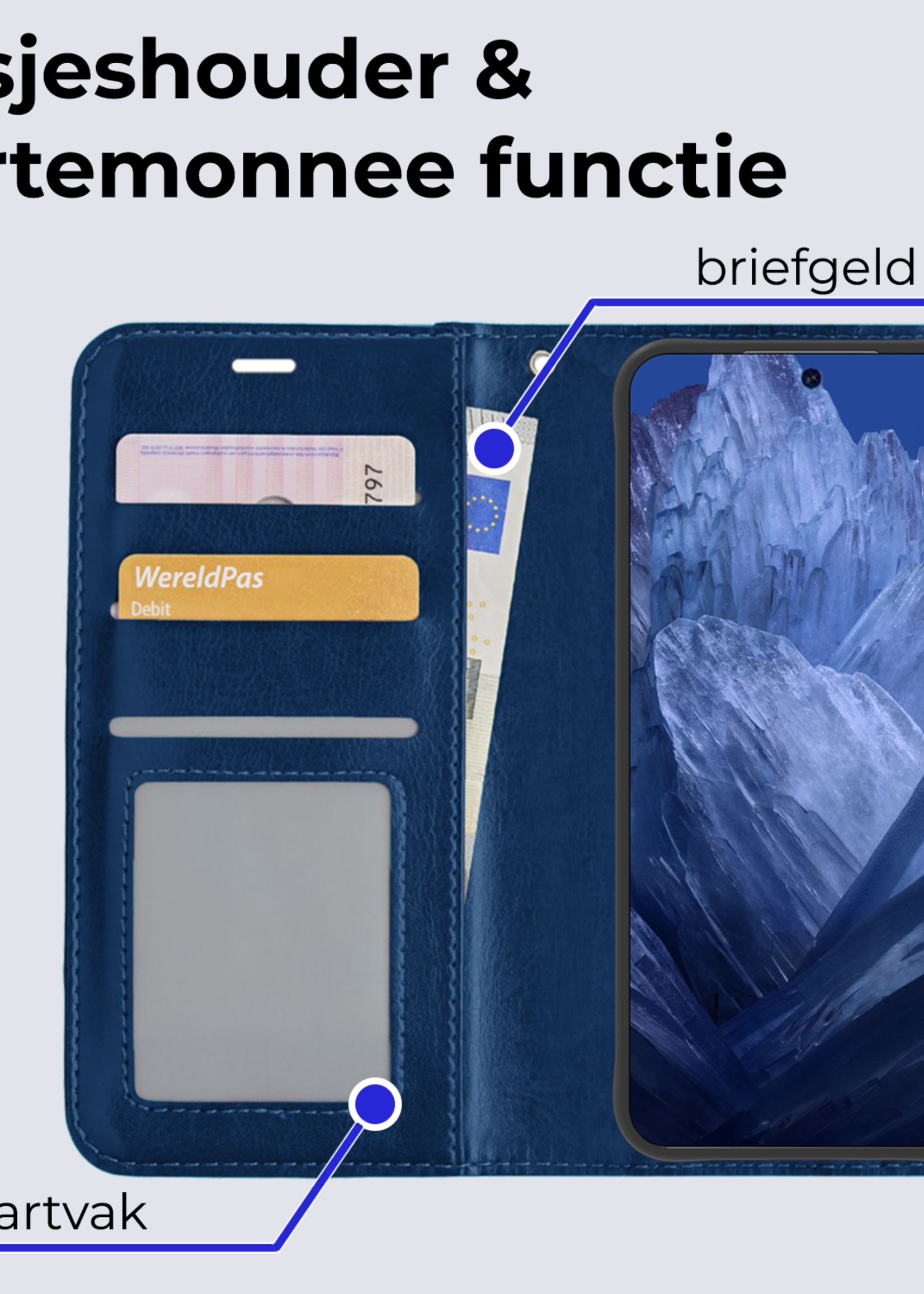 BTH Hoesje Geschikt voor Google Pixel 8a Hoesje Book Case Hoes Portemonnee Cover Walletcase Met Screenprotector - Hoes Geschikt voor Google Pixel 8a Hoes Bookcase Hoesje - Donkerblauw