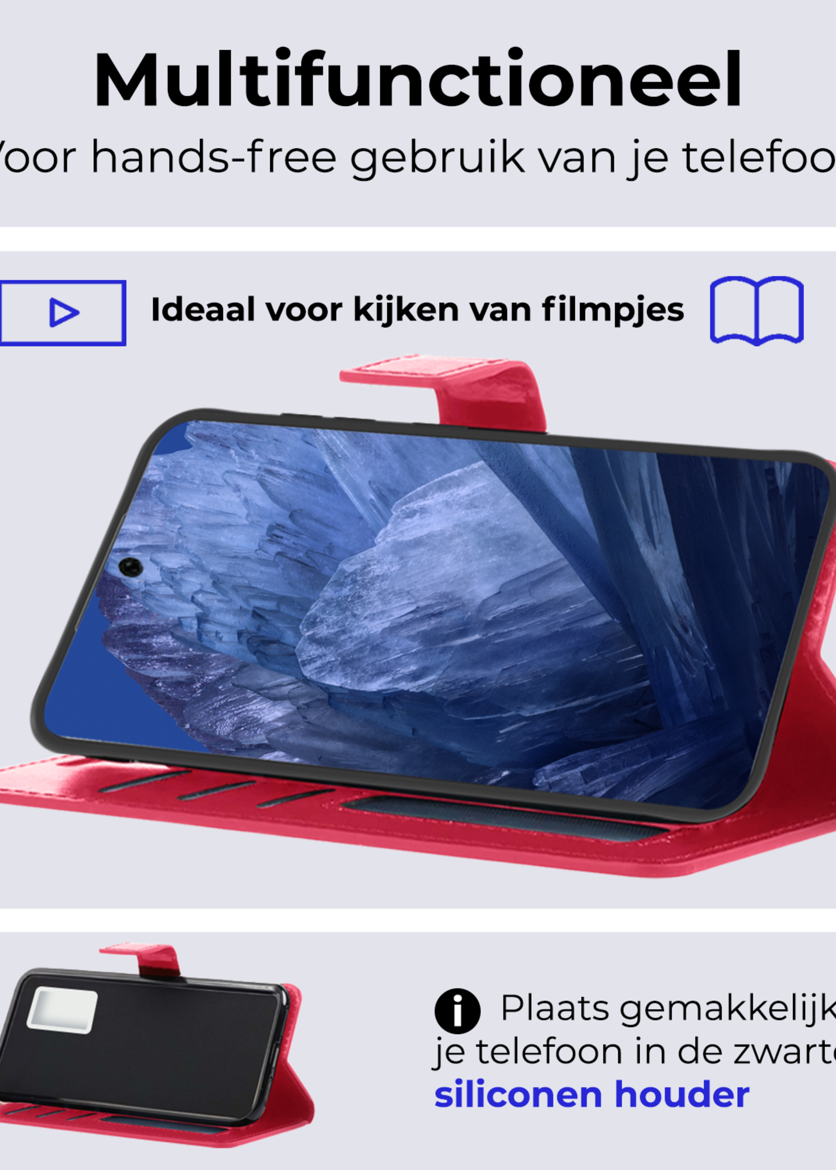 BTH Hoesje Geschikt voor Google Pixel 8a Hoesje Book Case Hoes Portemonnee Cover Walletcase Met Screenprotector - Hoes Geschikt voor Google Pixel 8a Hoes Bookcase Hoesje - Donkerroze
