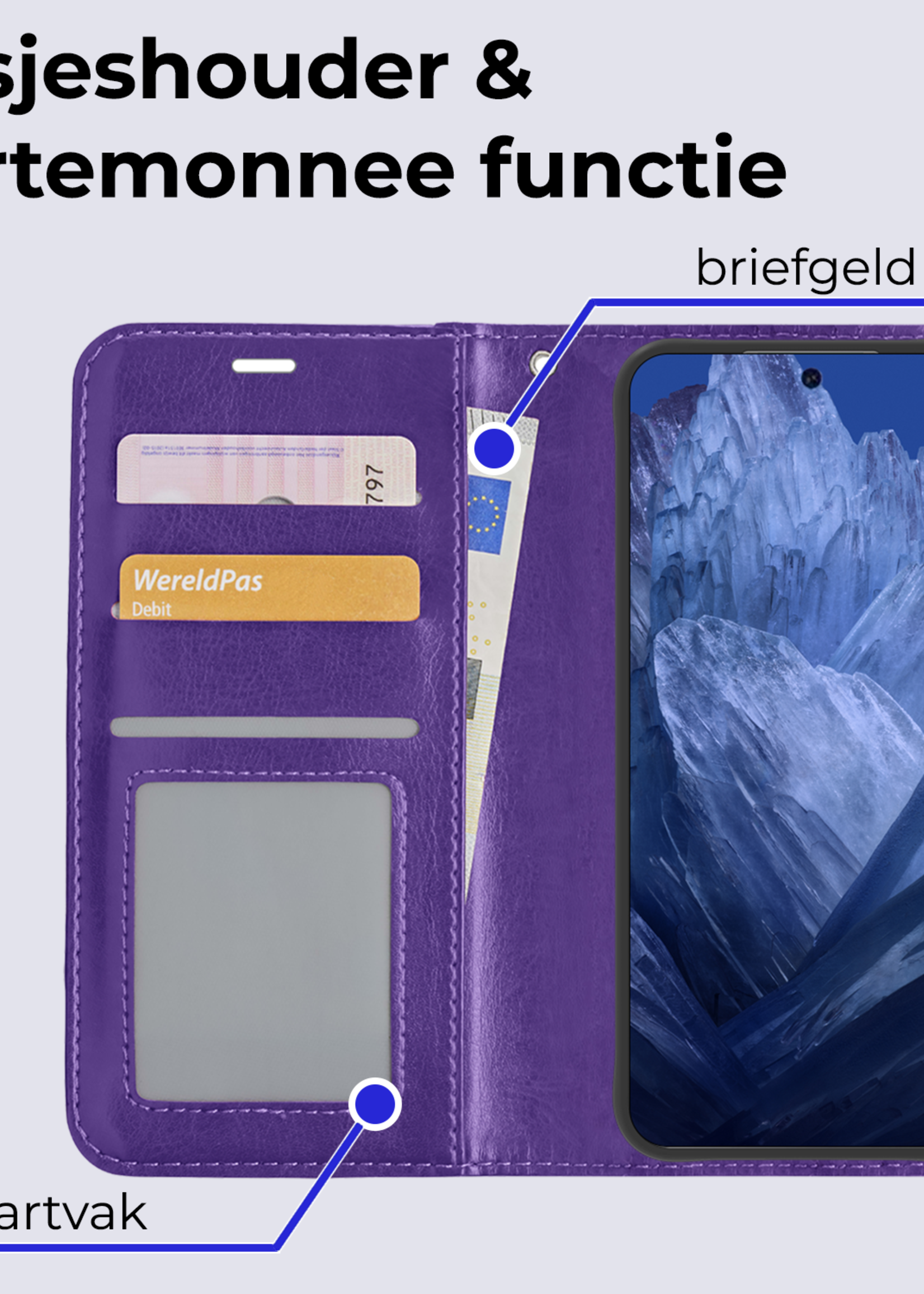 BTH Hoesje Geschikt voor Google Pixel 8a Hoesje Book Case Hoes Portemonnee Cover Walletcase Met Screenprotector - Hoes Geschikt voor Google Pixel 8a Hoes Bookcase Hoesje - Paars