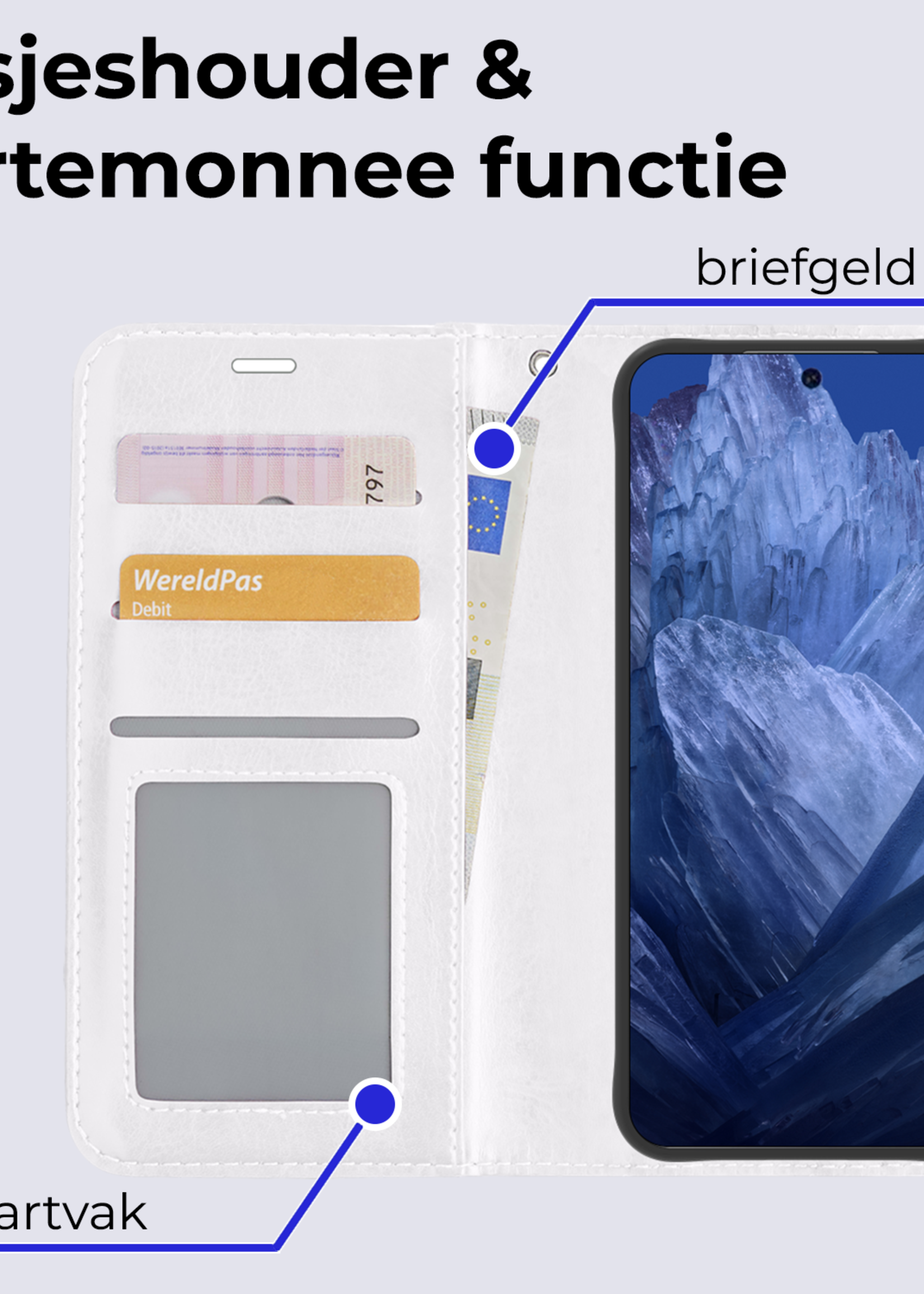 BTH Hoesje Geschikt voor Google Pixel 8a Hoesje Book Case Hoes Portemonnee Cover Walletcase Met Screenprotector - Hoes Geschikt voor Google Pixel 8a Hoes Bookcase Hoesje - Wit