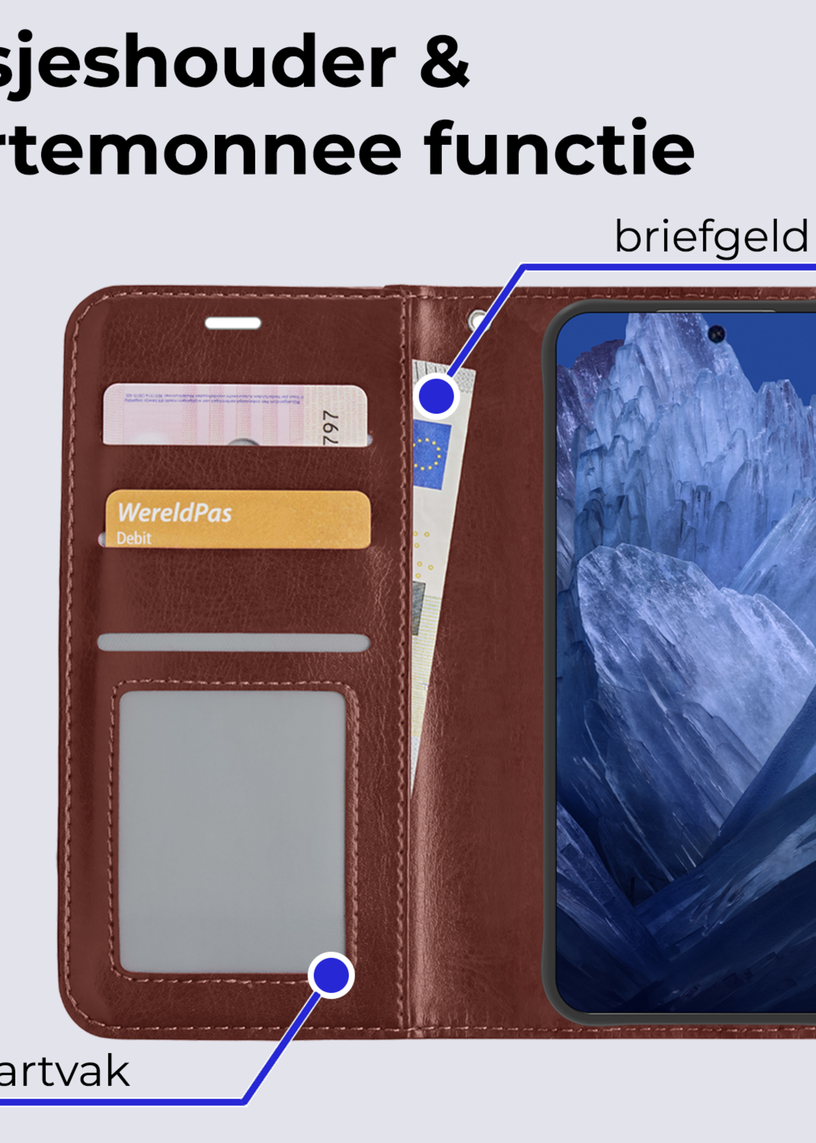 BTH Hoesje Geschikt voor Google Pixel 8a Hoesje Book Case Hoes Portemonnee Cover Walletcase Met 2x Screenprotector - Hoes Geschikt voor Google Pixel 8a Hoes Bookcase Hoesje - Bruin