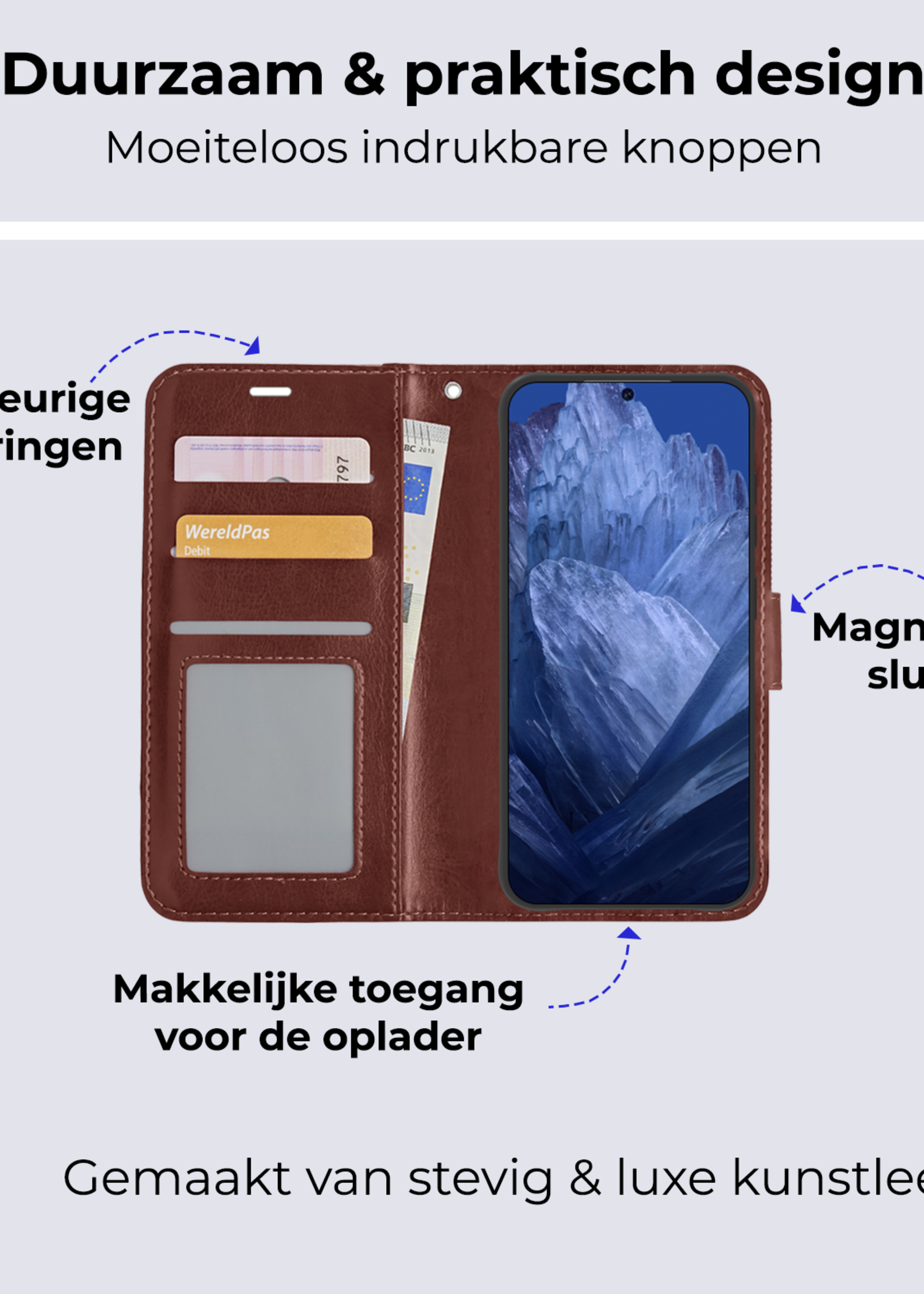 BTH Hoesje Geschikt voor Google Pixel 8a Hoesje Book Case Hoes Portemonnee Cover Walletcase Met 2x Screenprotector - Hoes Geschikt voor Google Pixel 8a Hoes Bookcase Hoesje - Bruin