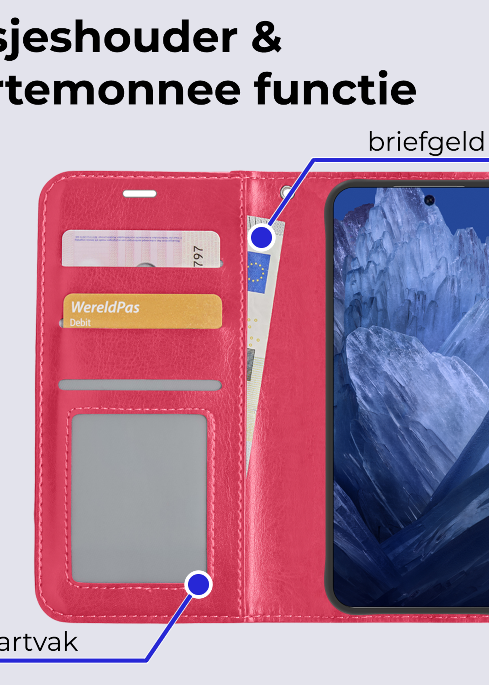 BTH Hoesje Geschikt voor Google Pixel 8a Hoesje Book Case Hoes Portemonnee Cover Walletcase Met 2x Screenprotector - Hoes Geschikt voor Google Pixel 8a Hoes Bookcase Hoesje - Donkerroze