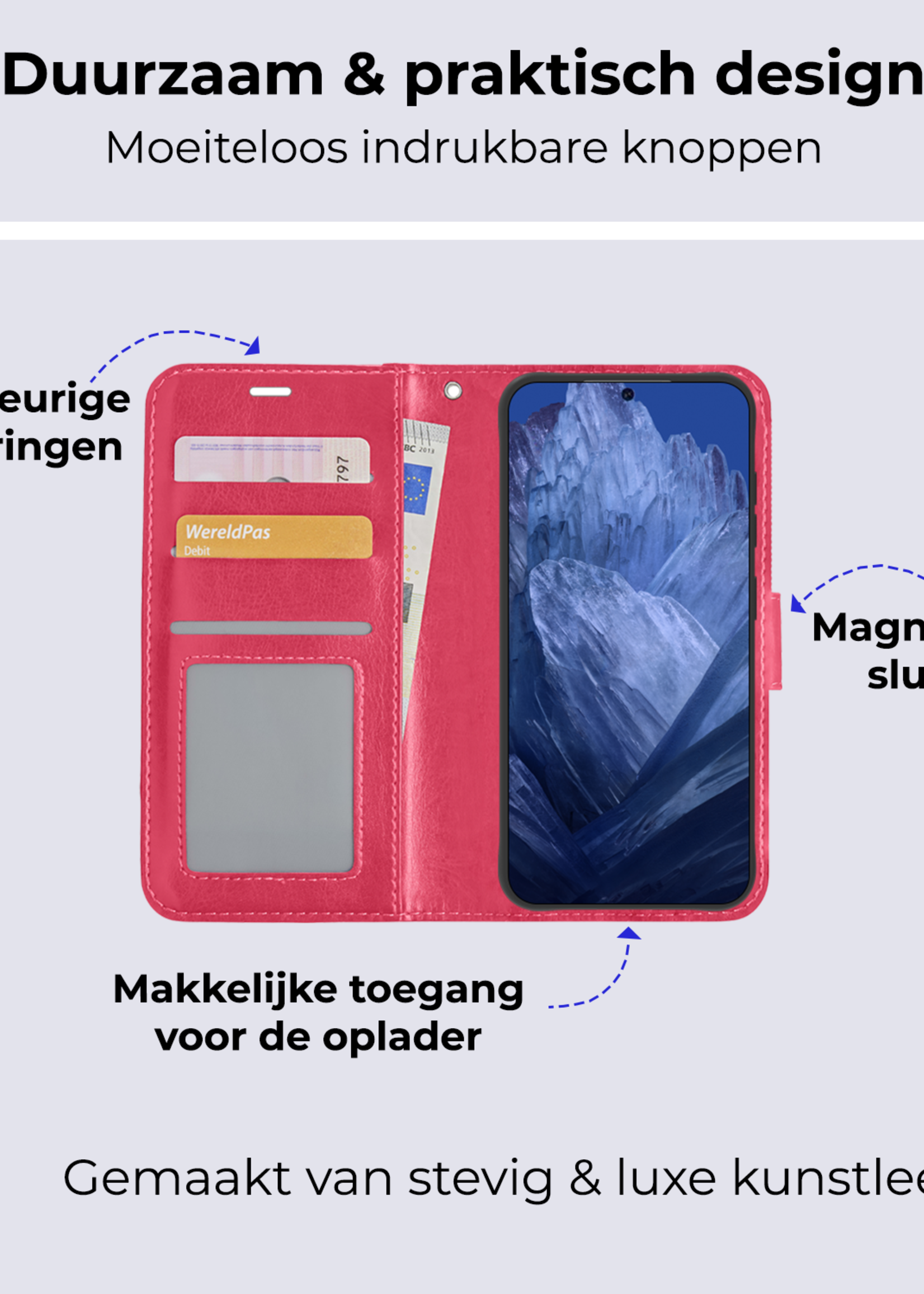 BTH Hoesje Geschikt voor Google Pixel 8a Hoesje Book Case Hoes Portemonnee Cover Walletcase Met 2x Screenprotector - Hoes Geschikt voor Google Pixel 8a Hoes Bookcase Hoesje - Donkerroze