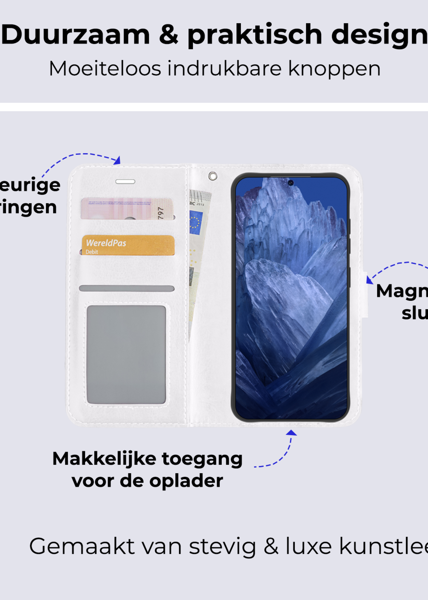 BTH Hoesje Geschikt voor Google Pixel 8a Hoesje Book Case Hoes Portemonnee Cover Walletcase Met 2x Screenprotector - Hoes Geschikt voor Google Pixel 8a Hoes Bookcase Hoesje - Wit