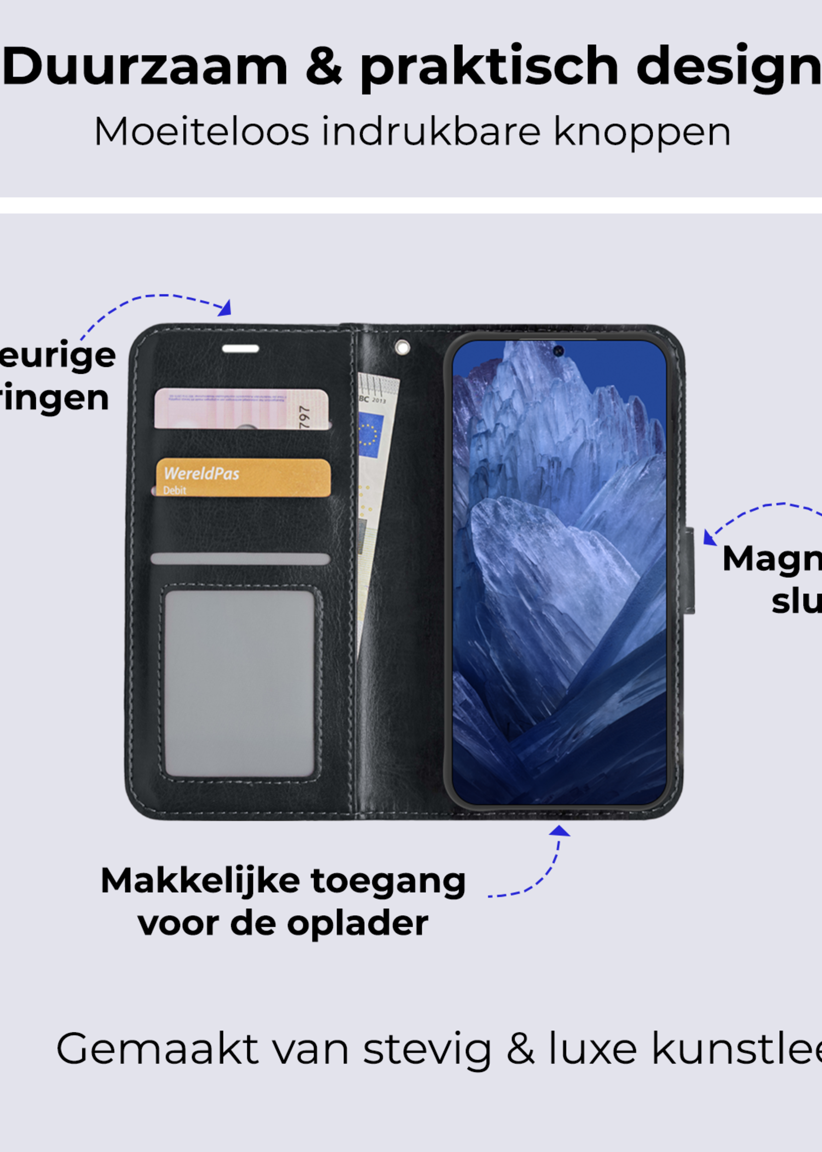 BTH Hoesje Geschikt voor Google Pixel 8a Hoesje Book Case Hoes Portemonnee Cover Walletcase Met 2x Screenprotector - Hoes Geschikt voor Google Pixel 8a Hoes Bookcase Hoesje - Zwart