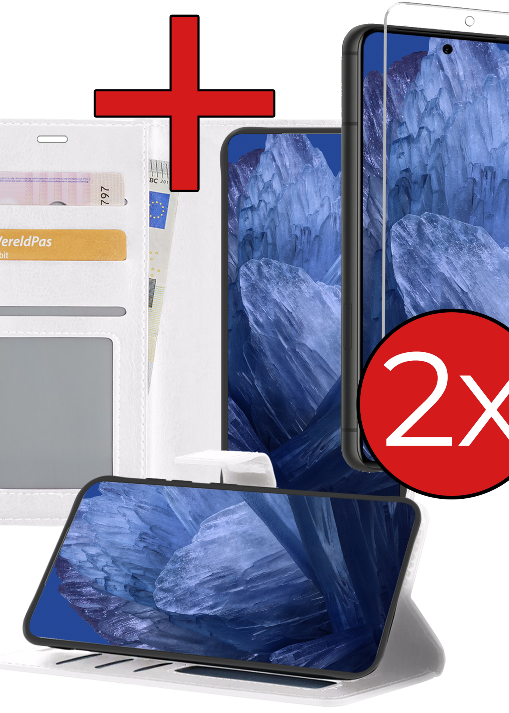 BTH Hoesje Geschikt voor Google Pixel 8a Hoesje Book Case Hoes Portemonnee Cover Walletcase Met 2x Screenprotector - Hoes Geschikt voor Google Pixel 8a Hoes Bookcase Hoesje - Wit