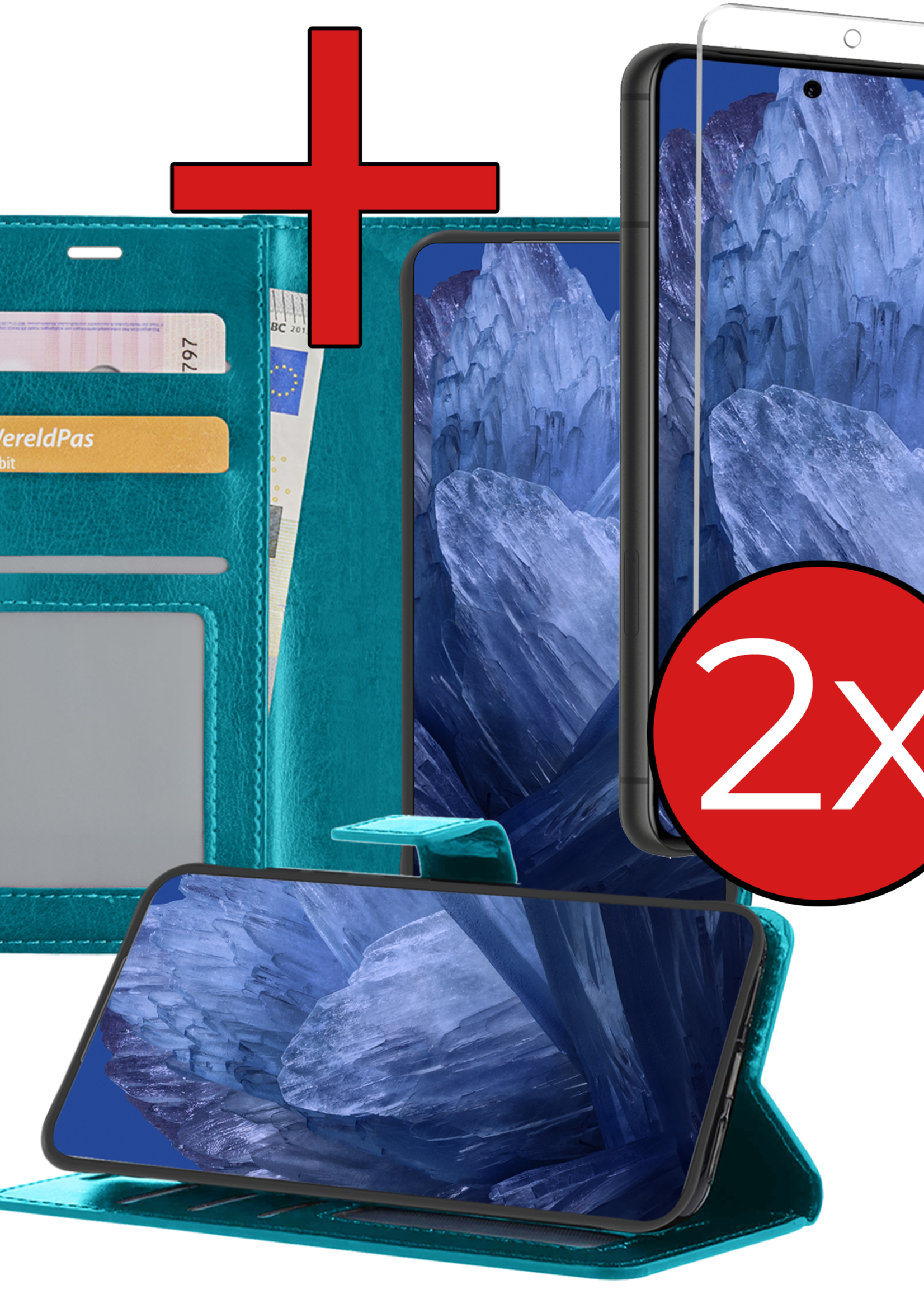 BTH Hoesje Geschikt voor Google Pixel 8a Hoesje Book Case Hoes Portemonnee Cover Walletcase Met 2x Screenprotector - Hoes Geschikt voor Google Pixel 8a Hoes Bookcase Hoesje - Turquoise