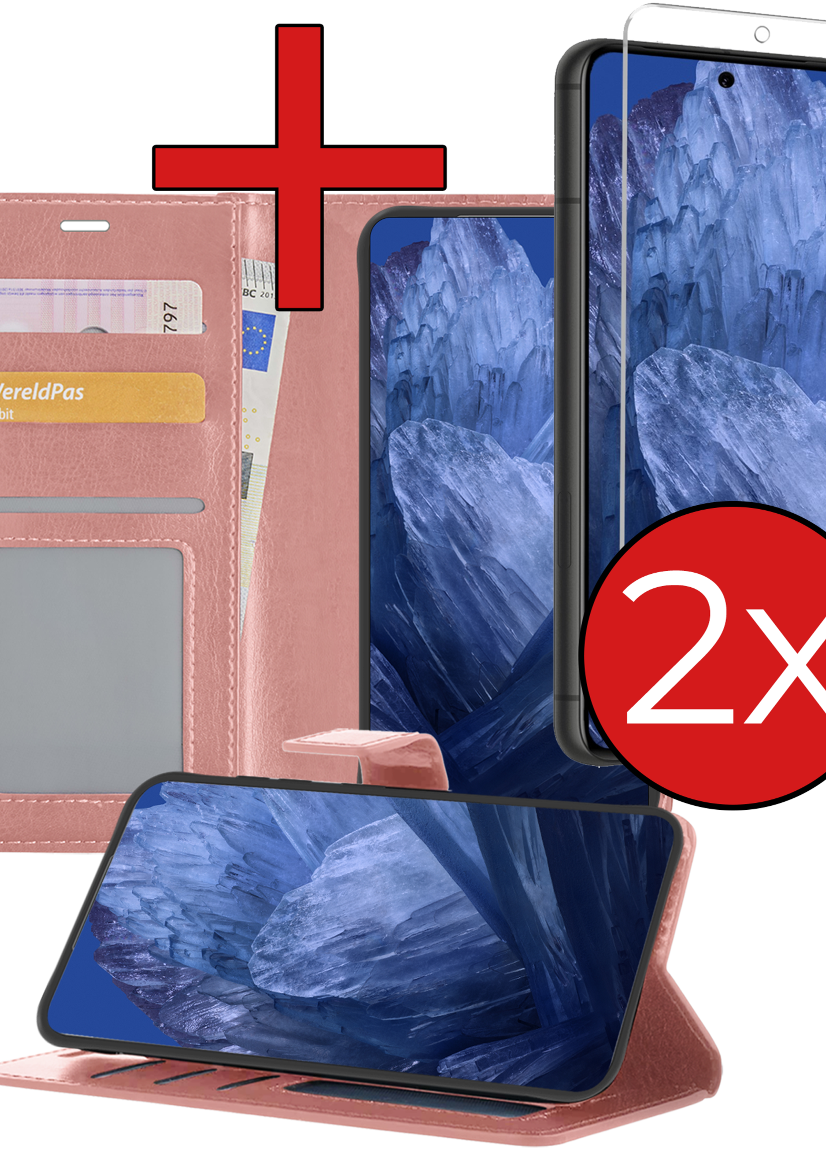 BTH Hoesje Geschikt voor Google Pixel 8a Hoesje Book Case Hoes Portemonnee Cover Walletcase Met 2x Screenprotector - Hoes Geschikt voor Google Pixel 8a Hoes Bookcase Hoesje - Rosé goud