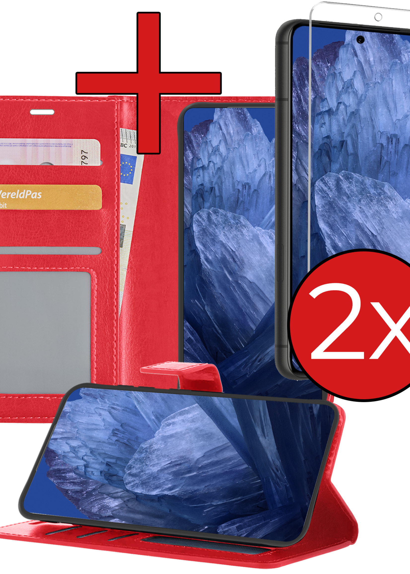 BTH Hoesje Geschikt voor Google Pixel 8a Hoesje Book Case Hoes Portemonnee Cover Walletcase Met 2x Screenprotector - Hoes Geschikt voor Google Pixel 8a Hoes Bookcase Hoesje - Rood