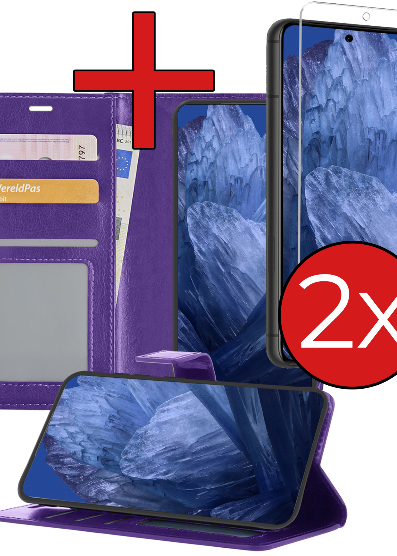 BTH Hoesje Geschikt voor Google Pixel 8a Hoesje Book Case Hoes Portemonnee Cover Walletcase Met 2x Screenprotector - Hoes Geschikt voor Google Pixel 8a Hoes Bookcase Hoesje - Paars