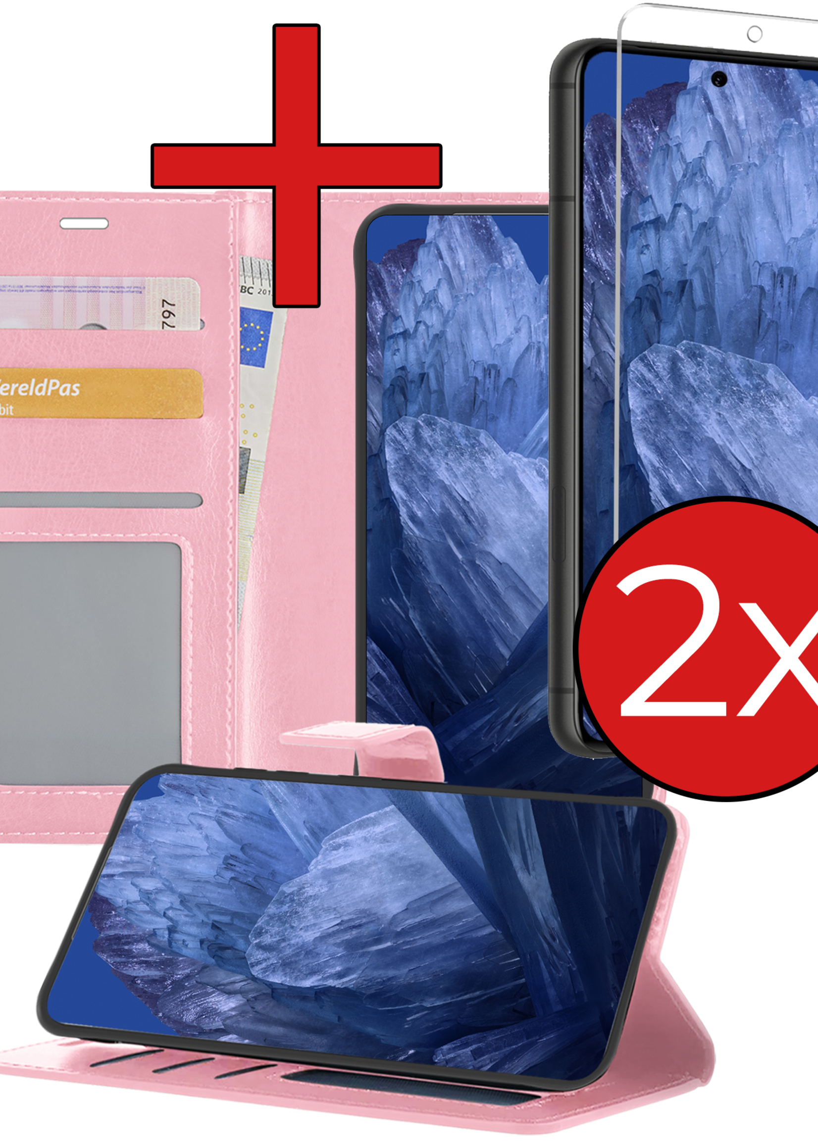 BTH Hoesje Geschikt voor Google Pixel 8a Hoesje Book Case Hoes Portemonnee Cover Walletcase Met 2x Screenprotector - Hoes Geschikt voor Google Pixel 8a Hoes Bookcase Hoesje - Lichtroze