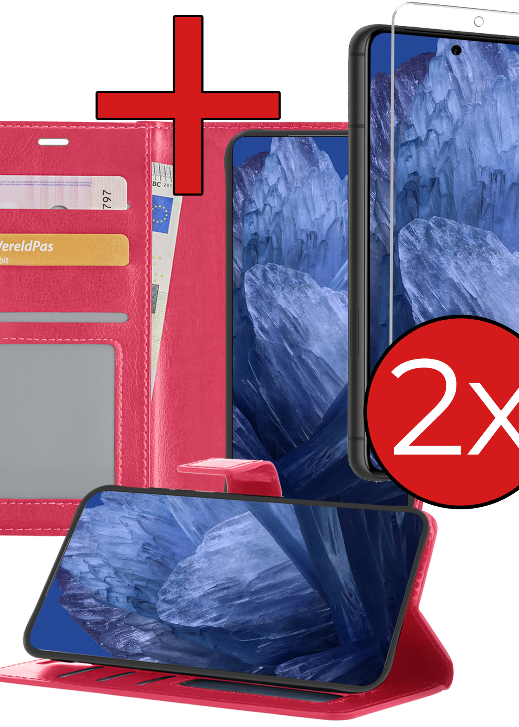 BTH Hoesje Geschikt voor Google Pixel 8a Hoesje Book Case Hoes Portemonnee Cover Walletcase Met 2x Screenprotector - Hoes Geschikt voor Google Pixel 8a Hoes Bookcase Hoesje - Donkerroze
