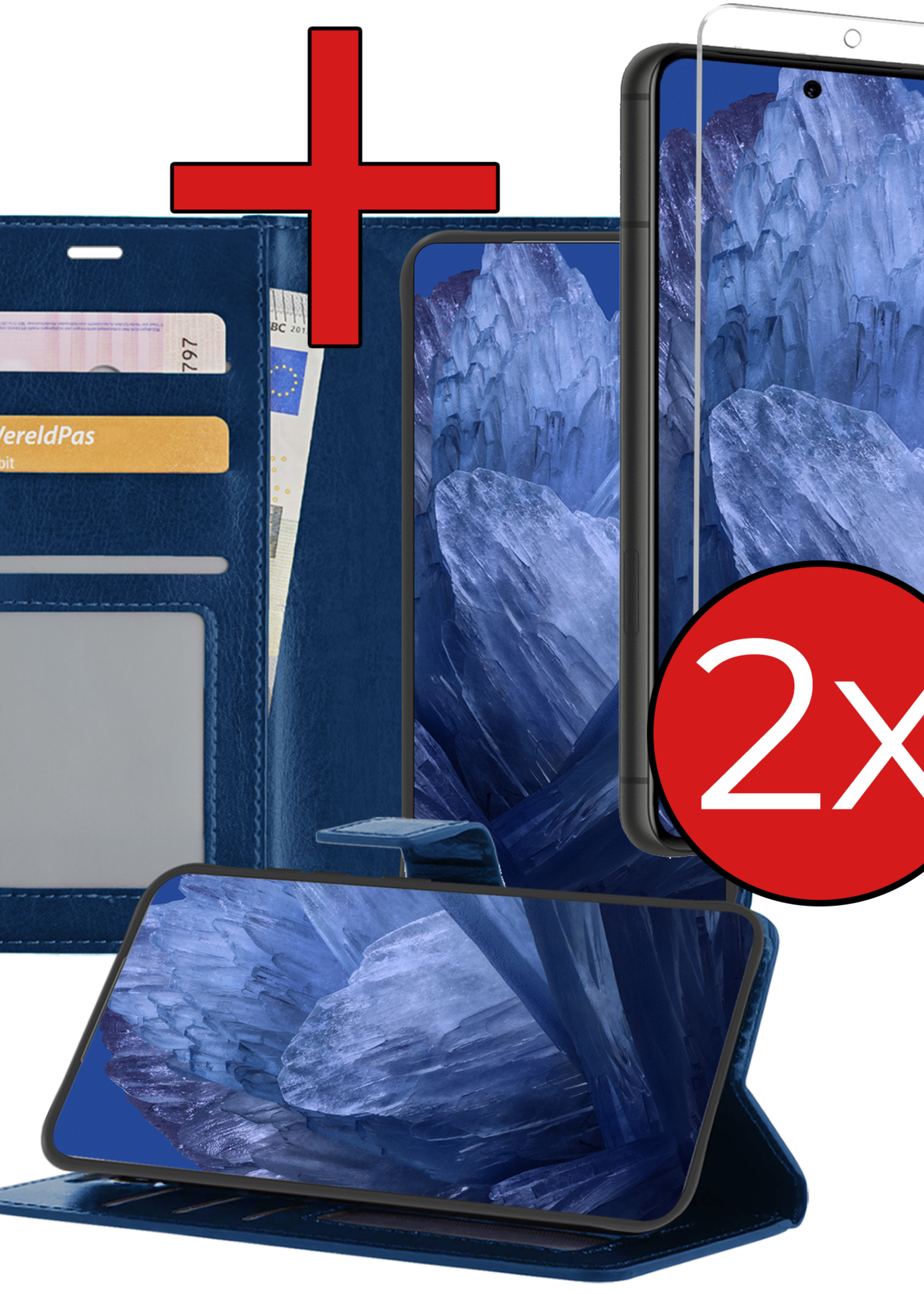 BTH Hoesje Geschikt voor Google Pixel 8a Hoesje Book Case Hoes Portemonnee Cover Walletcase Met 2x Screenprotector - Hoes Geschikt voor Google Pixel 8a Hoes Bookcase Hoesje - Donkerblauw