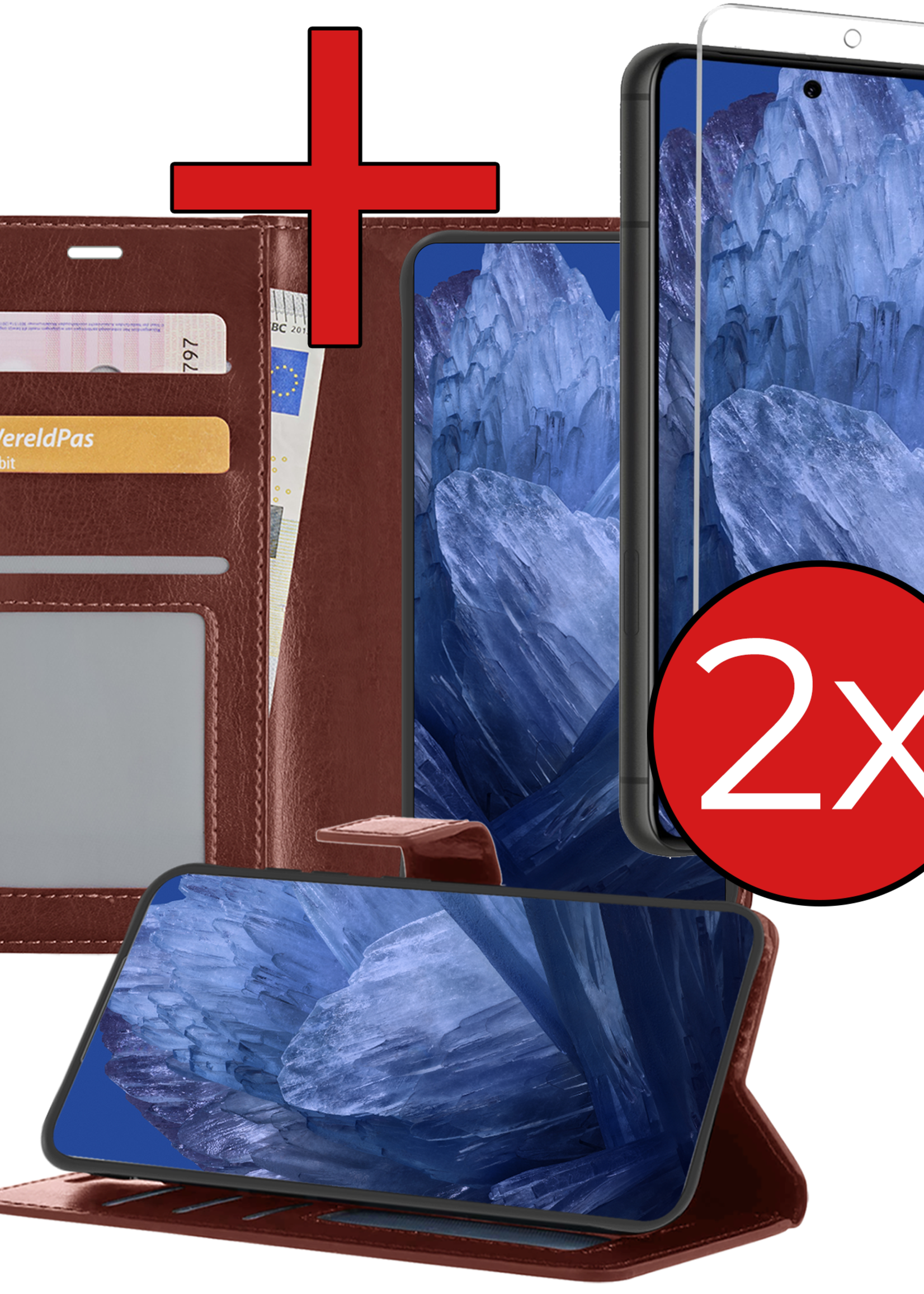 BTH Hoesje Geschikt voor Google Pixel 8a Hoesje Book Case Hoes Portemonnee Cover Walletcase Met 2x Screenprotector - Hoes Geschikt voor Google Pixel 8a Hoes Bookcase Hoesje - Bruin