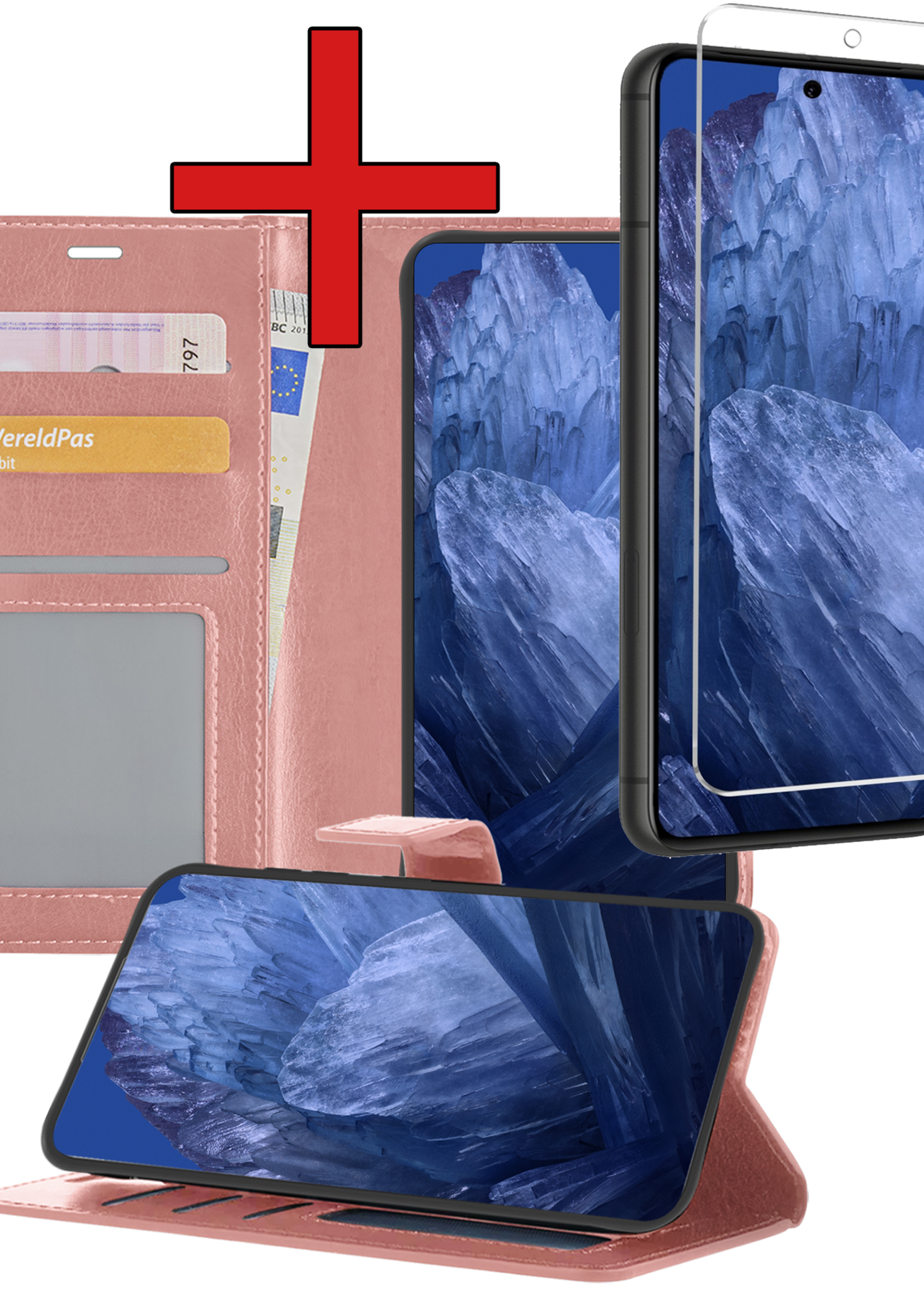 BTH Hoesje Geschikt voor Google Pixel 8a Hoesje Book Case Hoes Portemonnee Cover Walletcase Met Screenprotector - Hoes Geschikt voor Google Pixel 8a Hoes Bookcase Hoesje - Rosé goud