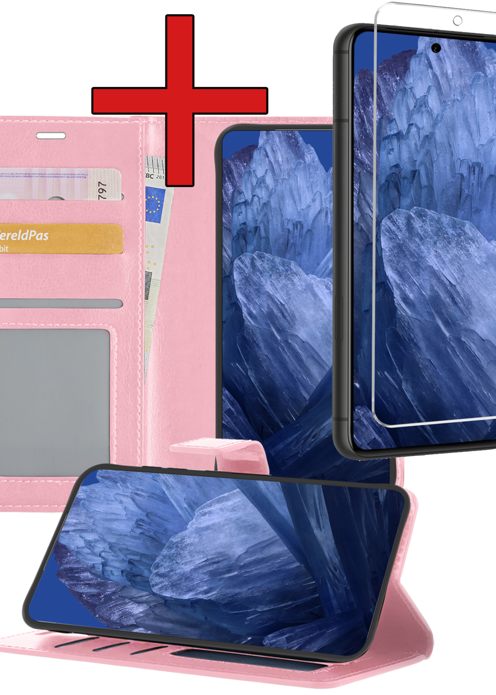 BTH Hoesje Geschikt voor Google Pixel 8a Hoesje Book Case Hoes Portemonnee Cover Walletcase Met Screenprotector - Hoes Geschikt voor Google Pixel 8a Hoes Bookcase Hoesje - Lichtroze
