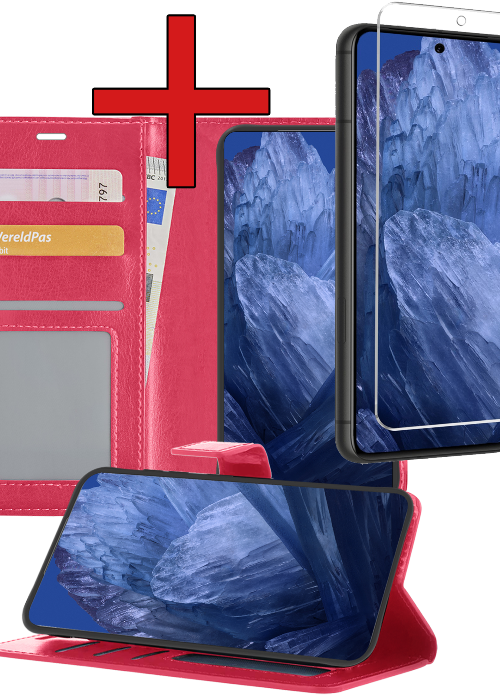 BTH Hoesje Geschikt voor Google Pixel 8a Hoesje Book Case Hoes Portemonnee Cover Walletcase Met Screenprotector - Hoes Geschikt voor Google Pixel 8a Hoes Bookcase Hoesje - Donkerroze