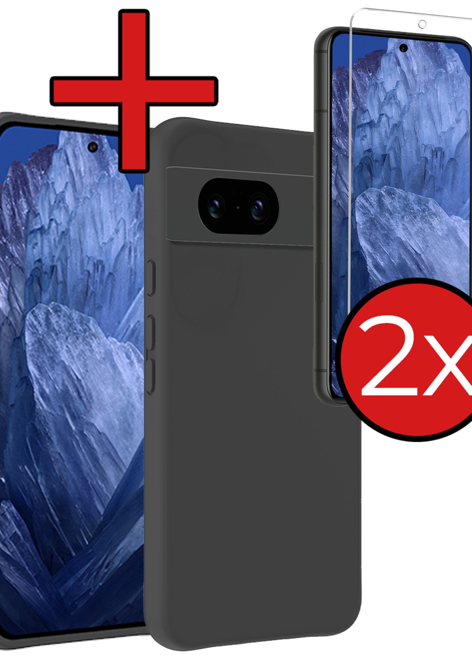 BTH Hoesje Geschikt voor Google Pixel 8a Hoesje Siliconen Case Hoes Met 2x Screenprotector - Hoes Geschikt voor Google Pixel 8a Hoes Cover Case - Zwart