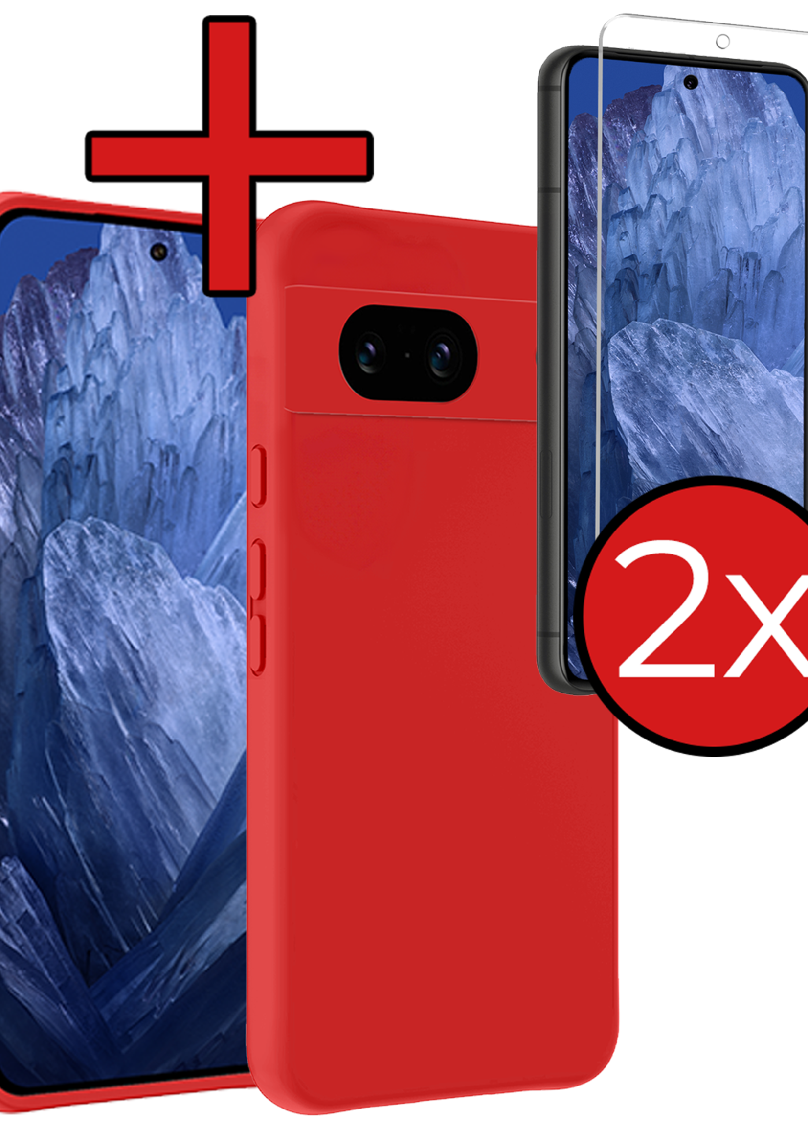 BTH Hoesje Geschikt voor Google Pixel 8a Hoesje Siliconen Case Hoes Met 2x Screenprotector - Hoes Geschikt voor Google Pixel 8a Hoes Cover Case - Rood