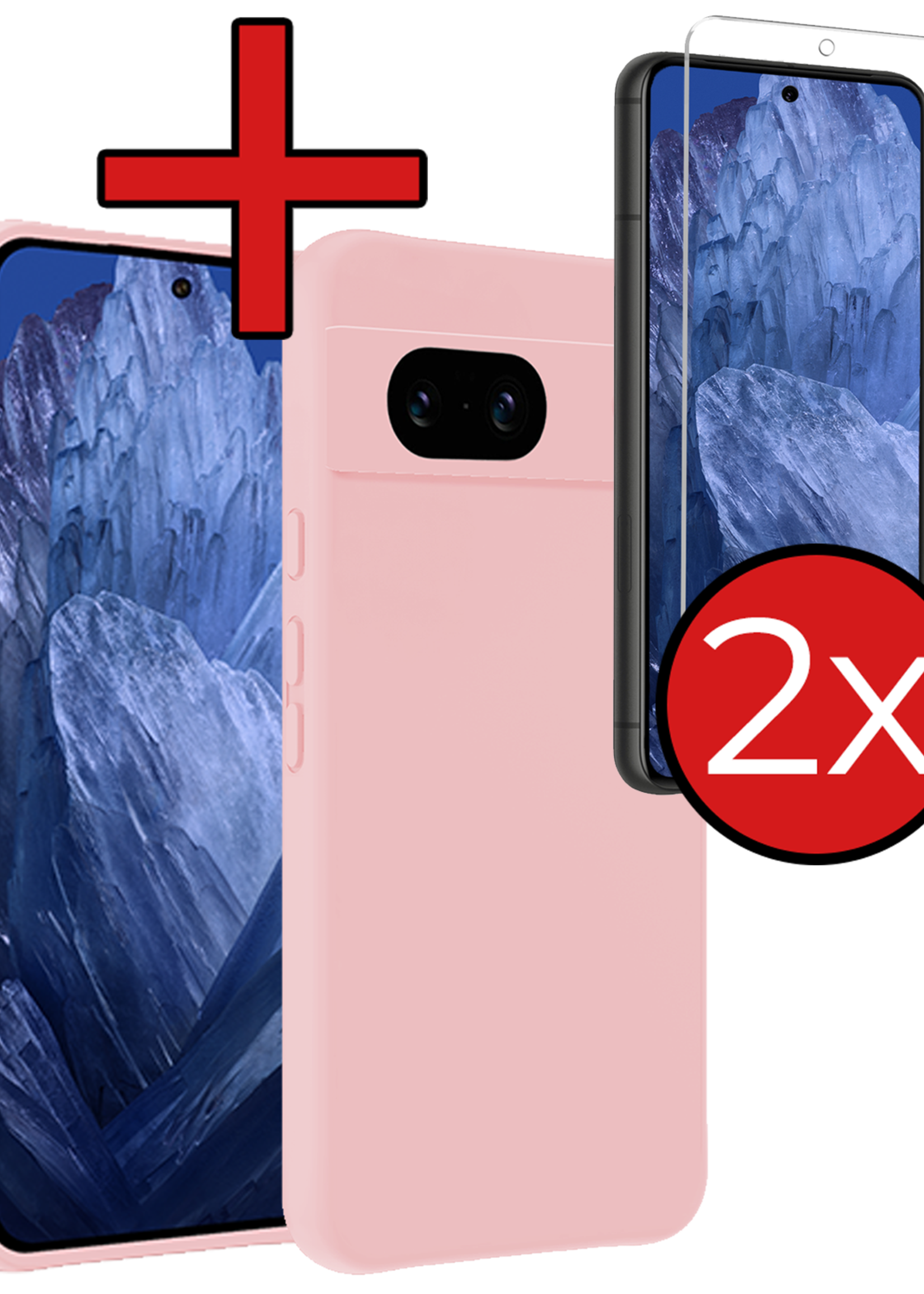 BTH Hoesje Geschikt voor Google Pixel 8a Hoesje Siliconen Case Hoes Met 2x Screenprotector - Hoes Geschikt voor Google Pixel 8a Hoes Cover Case - Lichtroze