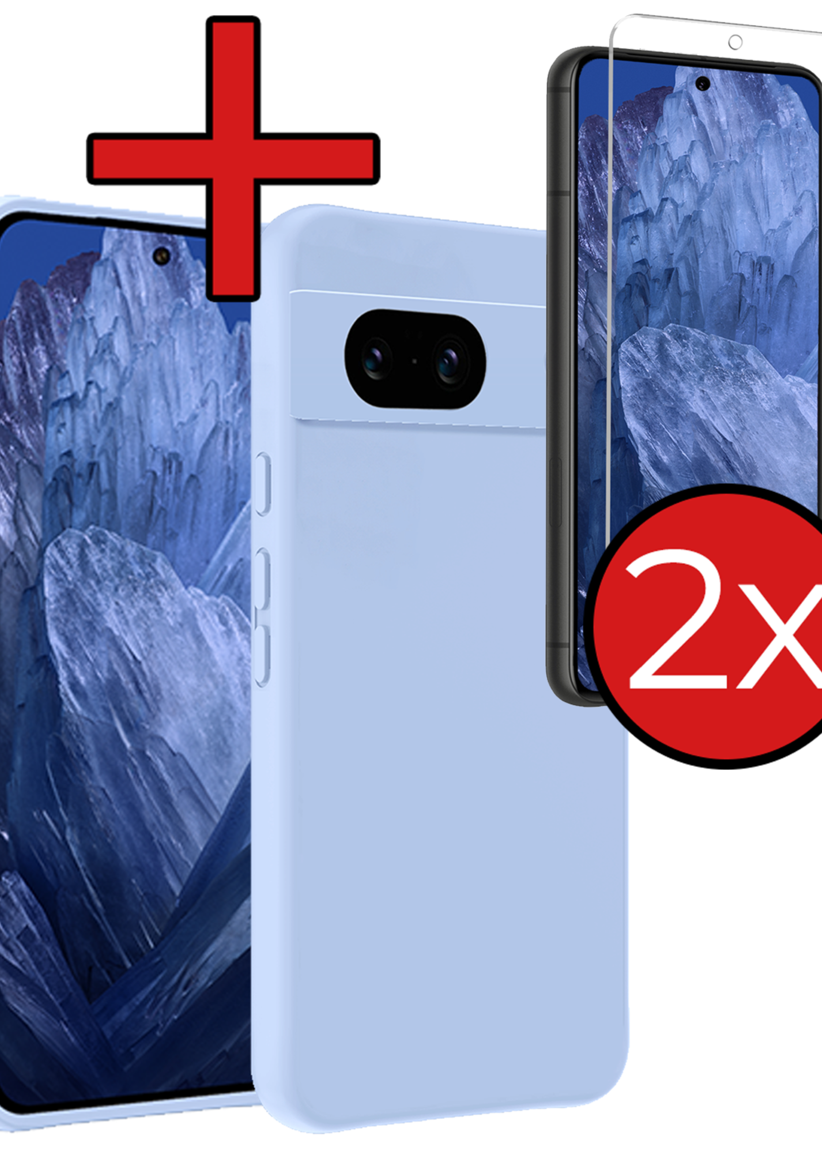 BTH Hoesje Geschikt voor Google Pixel 8a Hoesje Siliconen Case Hoes Met 2x Screenprotector - Hoes Geschikt voor Google Pixel 8a Hoes Cover Case - Lichtblauw