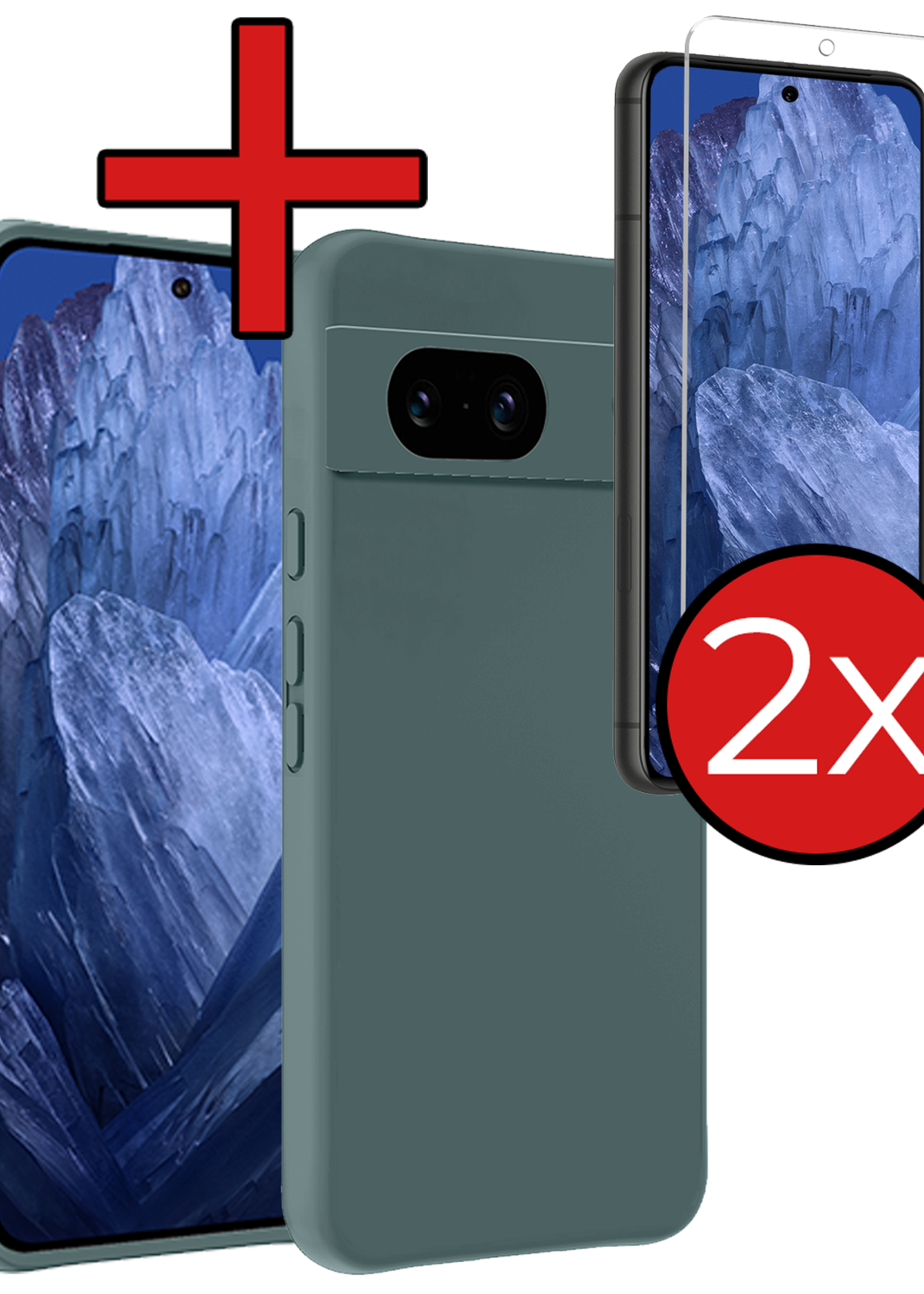BTH Hoesje Geschikt voor Google Pixel 8a Hoesje Siliconen Case Hoes Met 2x Screenprotector - Hoes Geschikt voor Google Pixel 8a Hoes Cover Case - Donkergroen