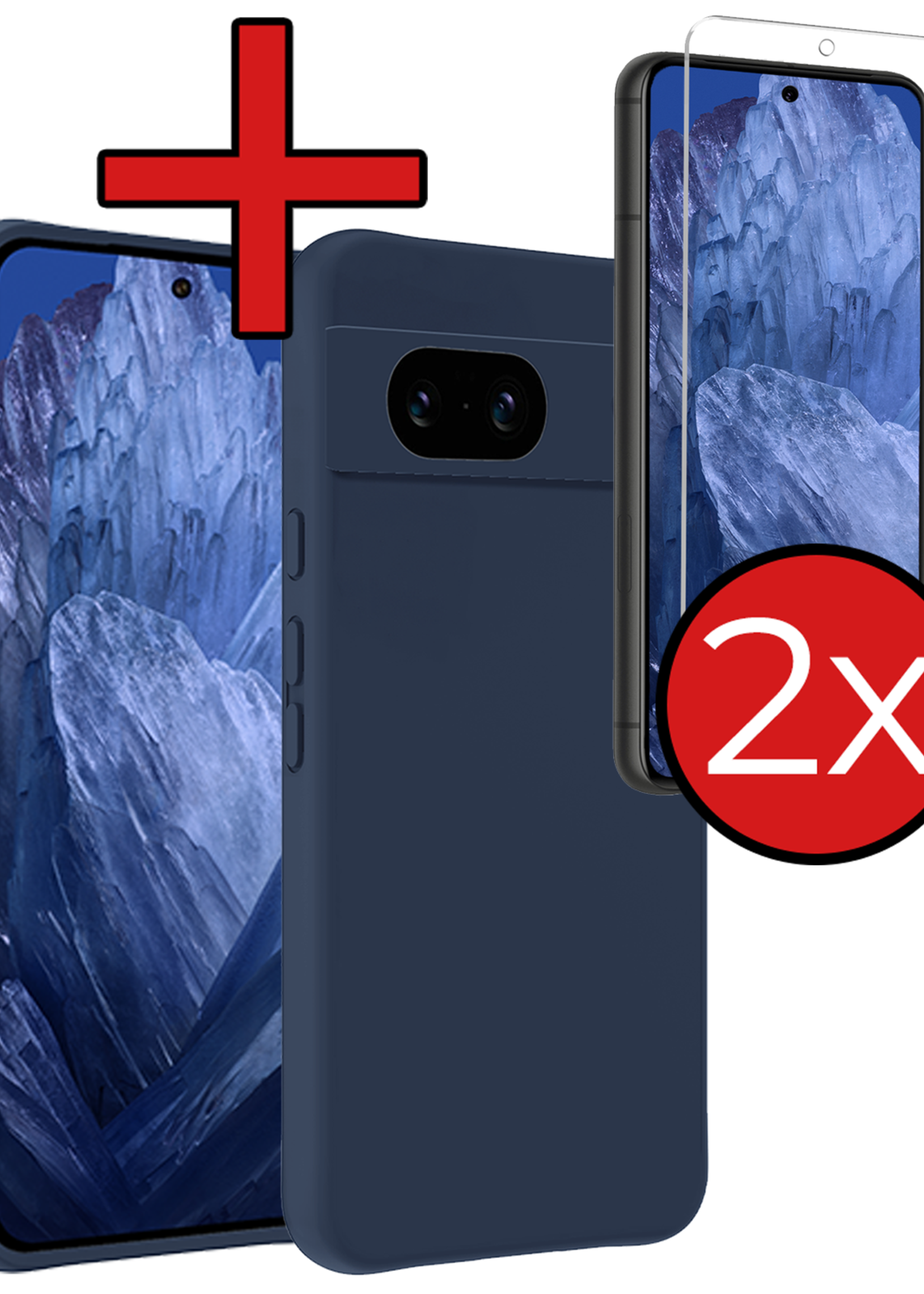BTH Hoesje Geschikt voor Google Pixel 8a Hoesje Siliconen Case Hoes Met 2x Screenprotector - Hoes Geschikt voor Google Pixel 8a Hoes Cover Case - Donkerblauw