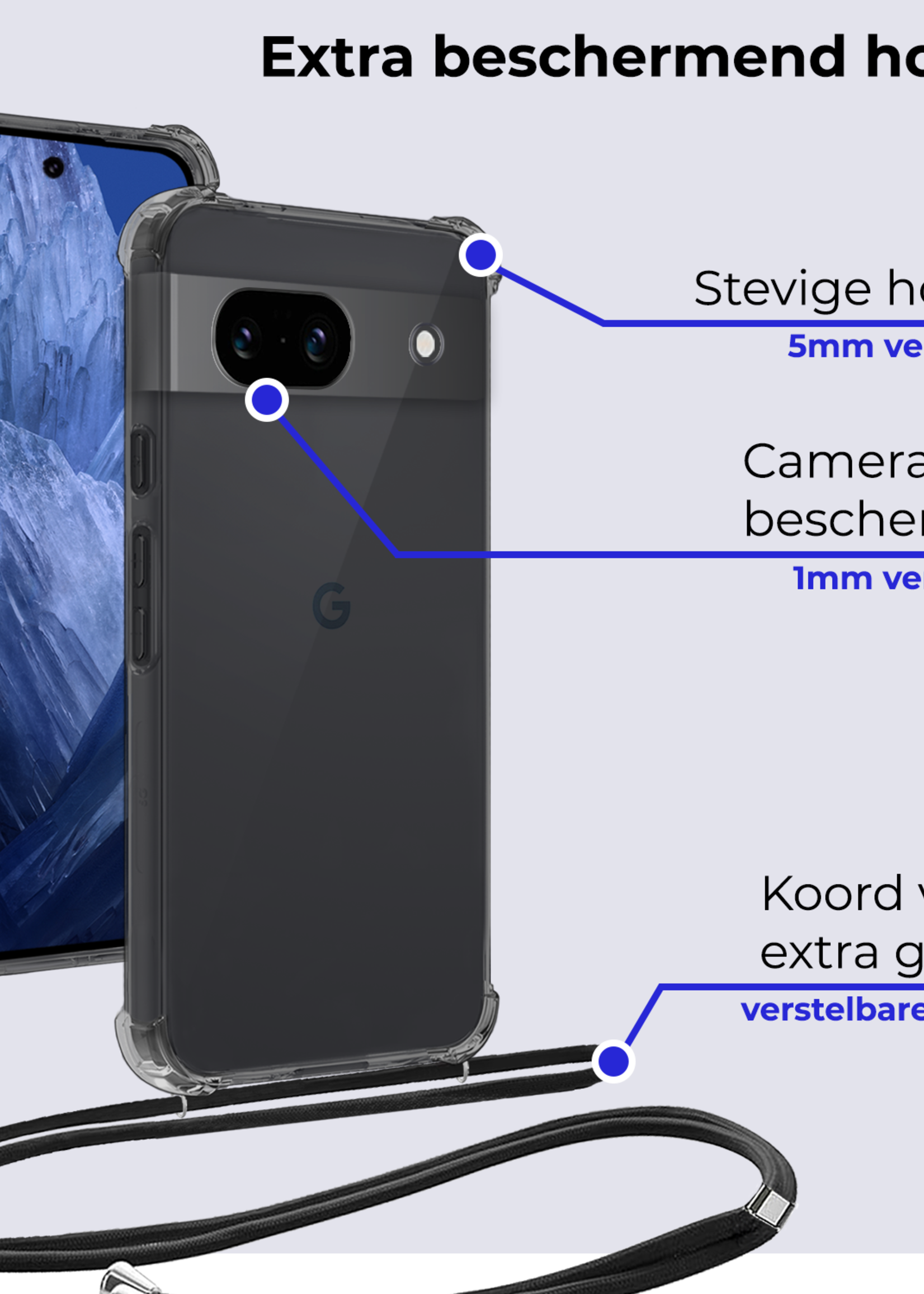 BTH Hoesje Geschikt voor Google Pixel 8a Hoesje Siliconen Shock Proof Hoesje Met Koord Case Met Telefoonkoord - Hoes Geschikt voor Google Pixel 8a Hoesje Cover Shockproof Met Koord - Transparant