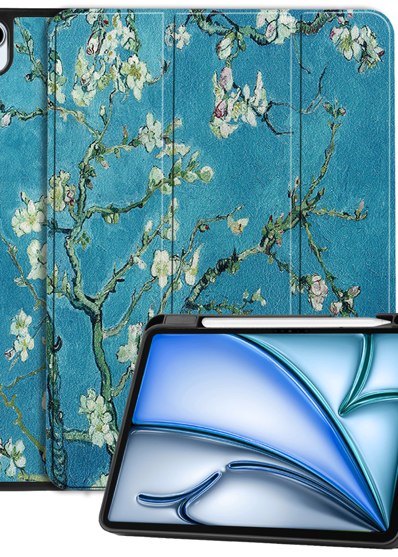 BTH Hoes Geschikt voor iPad Air 6 (11 inch) Hoes Book Case Hoesje Trifold Cover Met Uitsparing Geschikt voor Apple Pencil - Hoesje Geschikt voor iPad Air 2024 (11 inch) Hoesje Bookcase - Bloesem