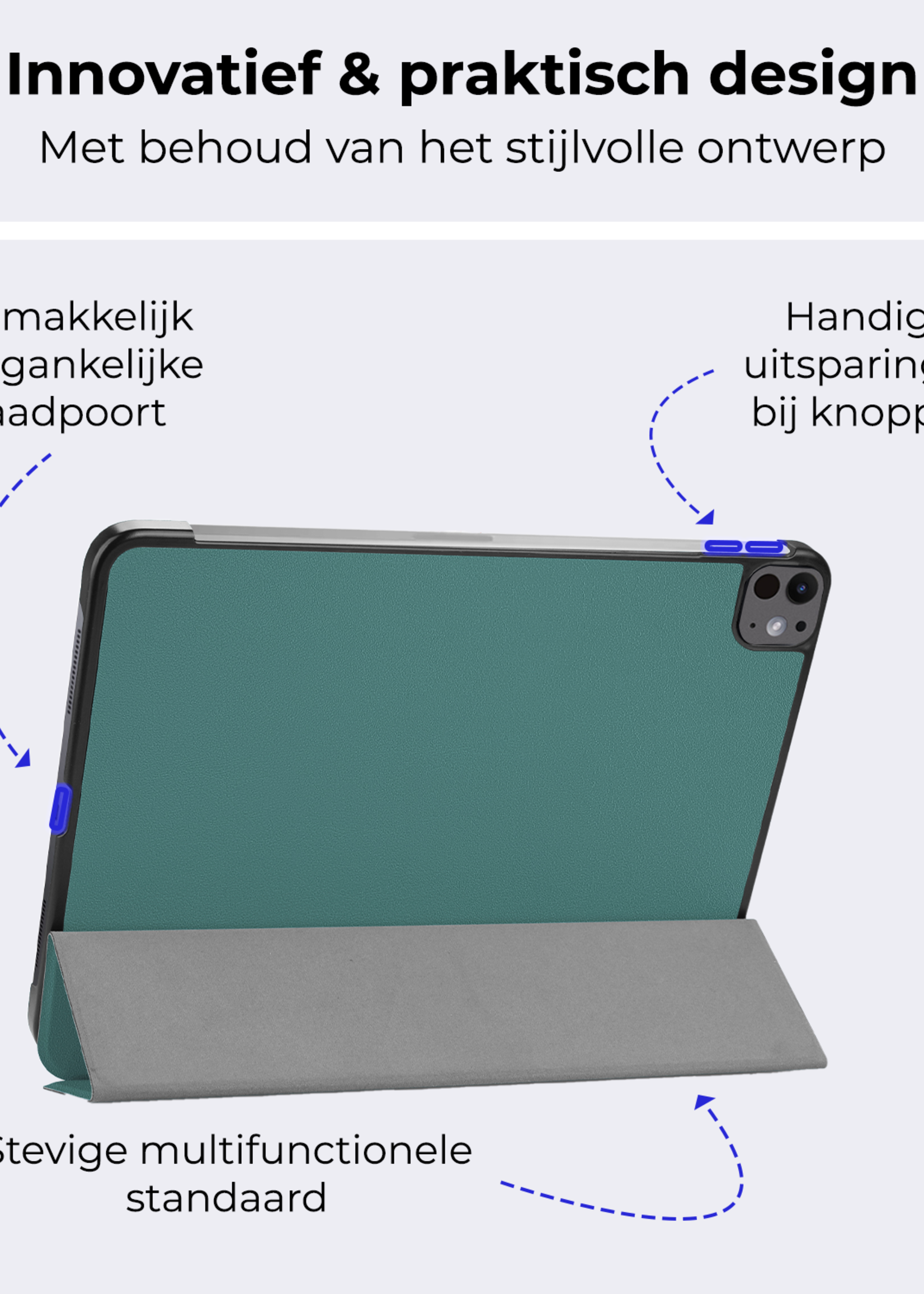 BTH Hoes Geschikt voor iPad Pro 2024 (13 inch) Hoes Book Case Hoesje Trifold Cover - Hoesje Geschikt voor iPad Pro 2024 13 inch (7e generatie) Hoesje Bookcase - Donkergroen