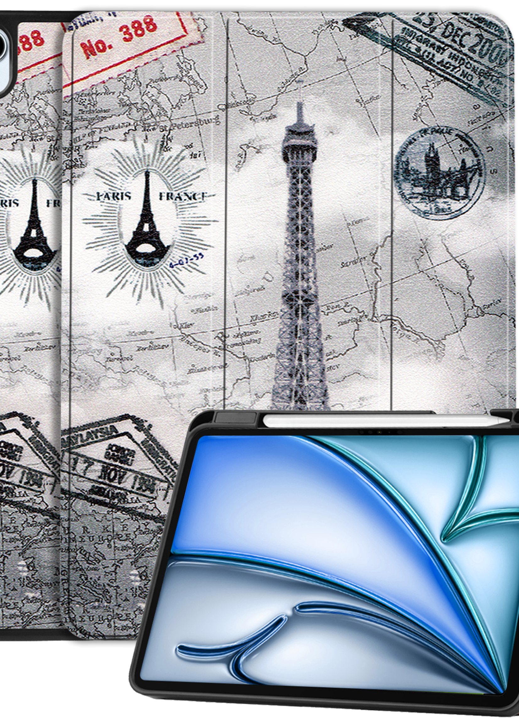BTH Hoes Geschikt voor iPad Air 6 (11 inch) Hoes Book Case Hoesje Trifold Cover Met Uitsparing Geschikt voor Apple Pencil - Hoesje Geschikt voor iPad Air 2024 (11 inch) Hoesje Bookcase - Eiffeltoren