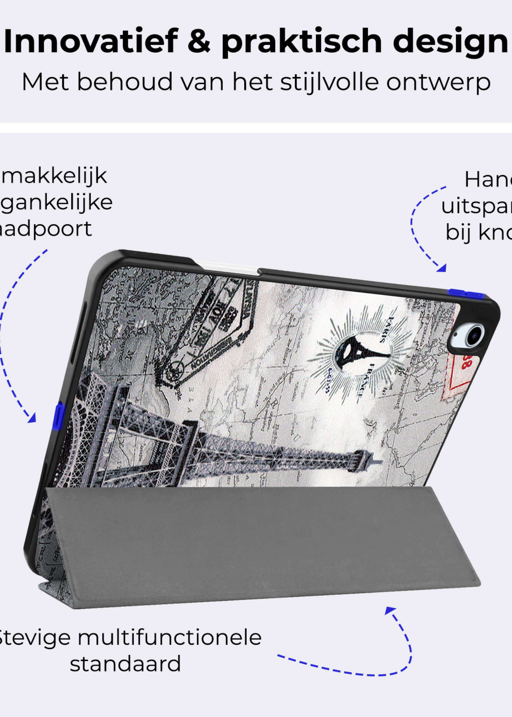 BTH Hoes Geschikt voor iPad Air 6 (11 inch) Hoes Book Case Hoesje Trifold Cover Met Uitsparing Geschikt voor Apple Pencil - Hoesje Geschikt voor iPad Air 2024 (11 inch) Hoesje Bookcase - Eiffeltoren