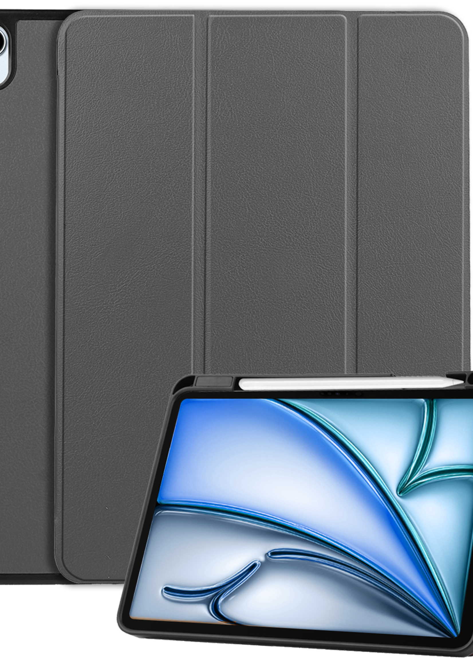 BTH Hoes Geschikt voor iPad Air 6 (11 inch) Hoes Book Case Hoesje Trifold Cover Met Uitsparing Geschikt voor Apple Pencil - Hoesje Geschikt voor iPad Air 2024 (11 inch) Hoesje Bookcase - Grijs