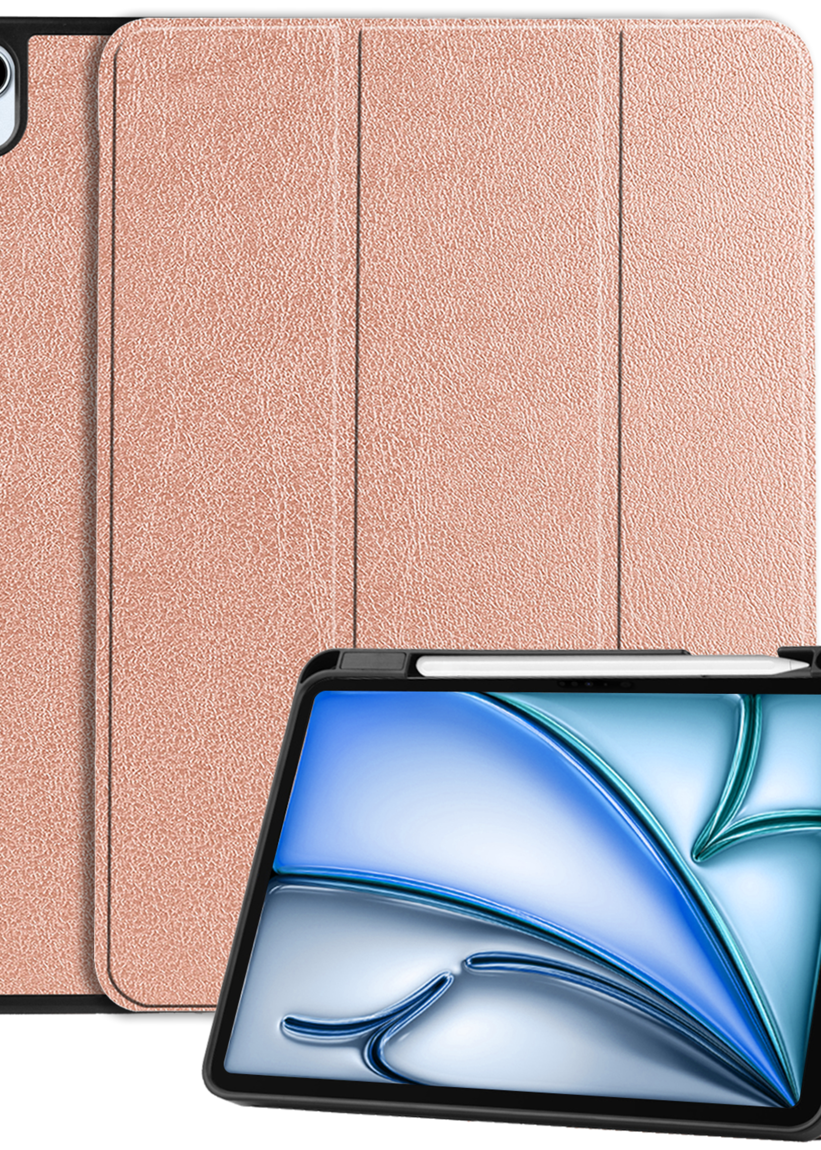 BTH Hoes Geschikt voor iPad Air 6 (11 inch) Hoes Book Case Hoesje Trifold Cover Met Uitsparing Geschikt voor Apple Pencil - Hoesje Geschikt voor iPad Air 2024 (11 inch) Hoesje Bookcase - Rosé goud