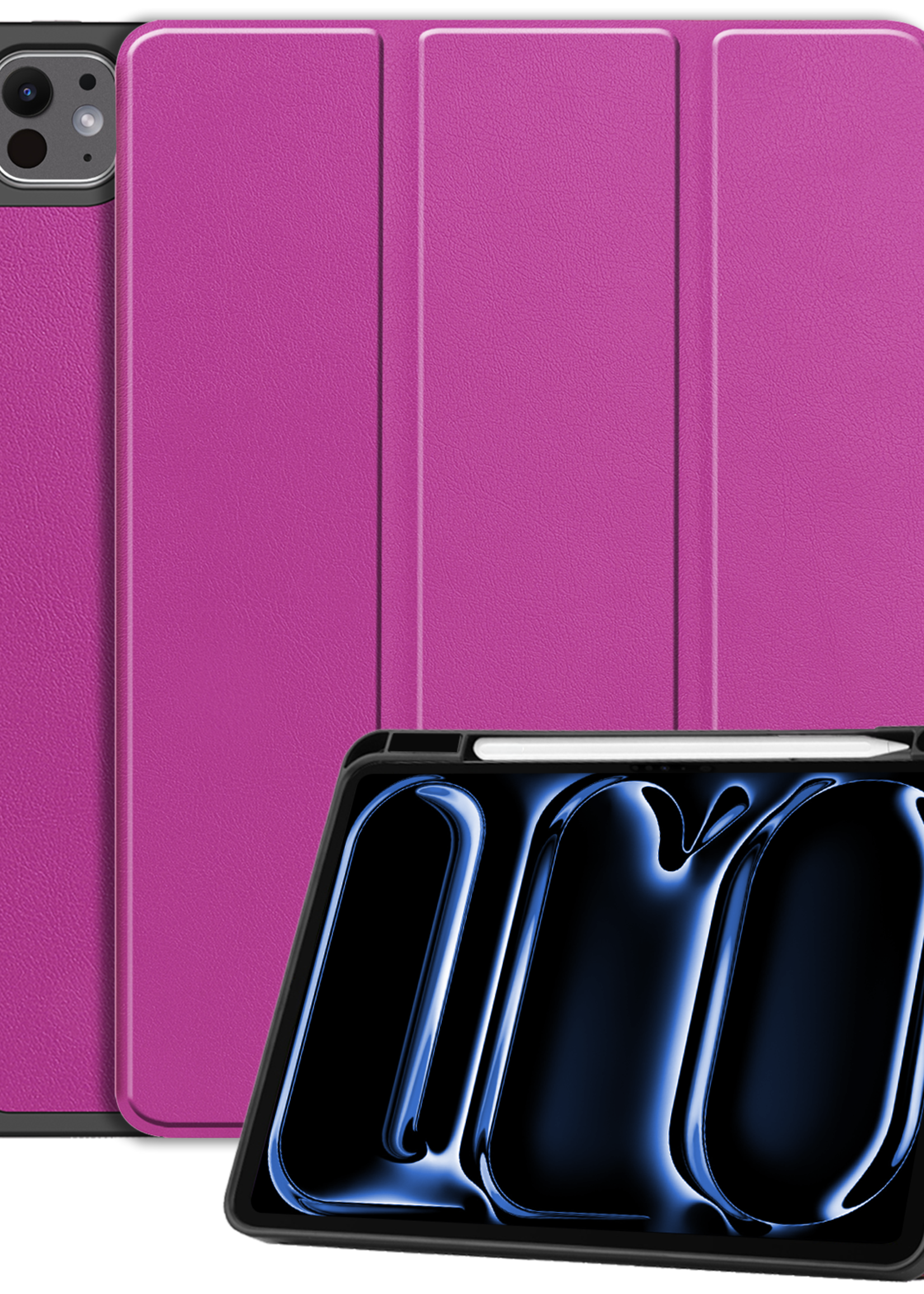 BTH Hoes Geschikt voor iPad Pro 2024 (11 inch) Hoes Book Case Hoesje Trifold Cover Met Uitsparing Geschikt voor Apple Pencil - Hoesje Geschikt voor iPad Pro 2024 11 inch (7e generatie) Hoesje Bookcase - Paars