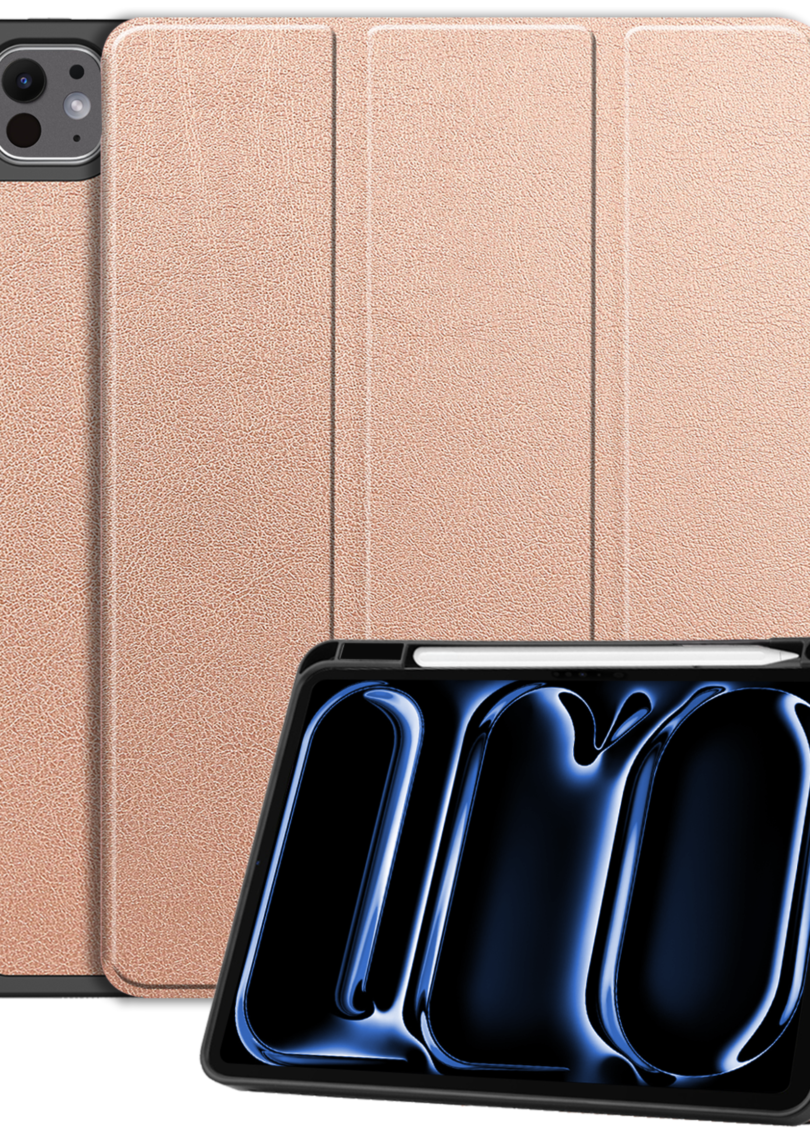 BTH Hoes Geschikt voor iPad Pro 2024 (13 inch) Hoes Book Case Hoesje Trifold Cover Met Uitsparing Geschikt voor Apple Pencil - Hoesje Geschikt voor iPad Pro 2024 13 inch (7e generatie) Hoesje Bookcase - Rosé goud