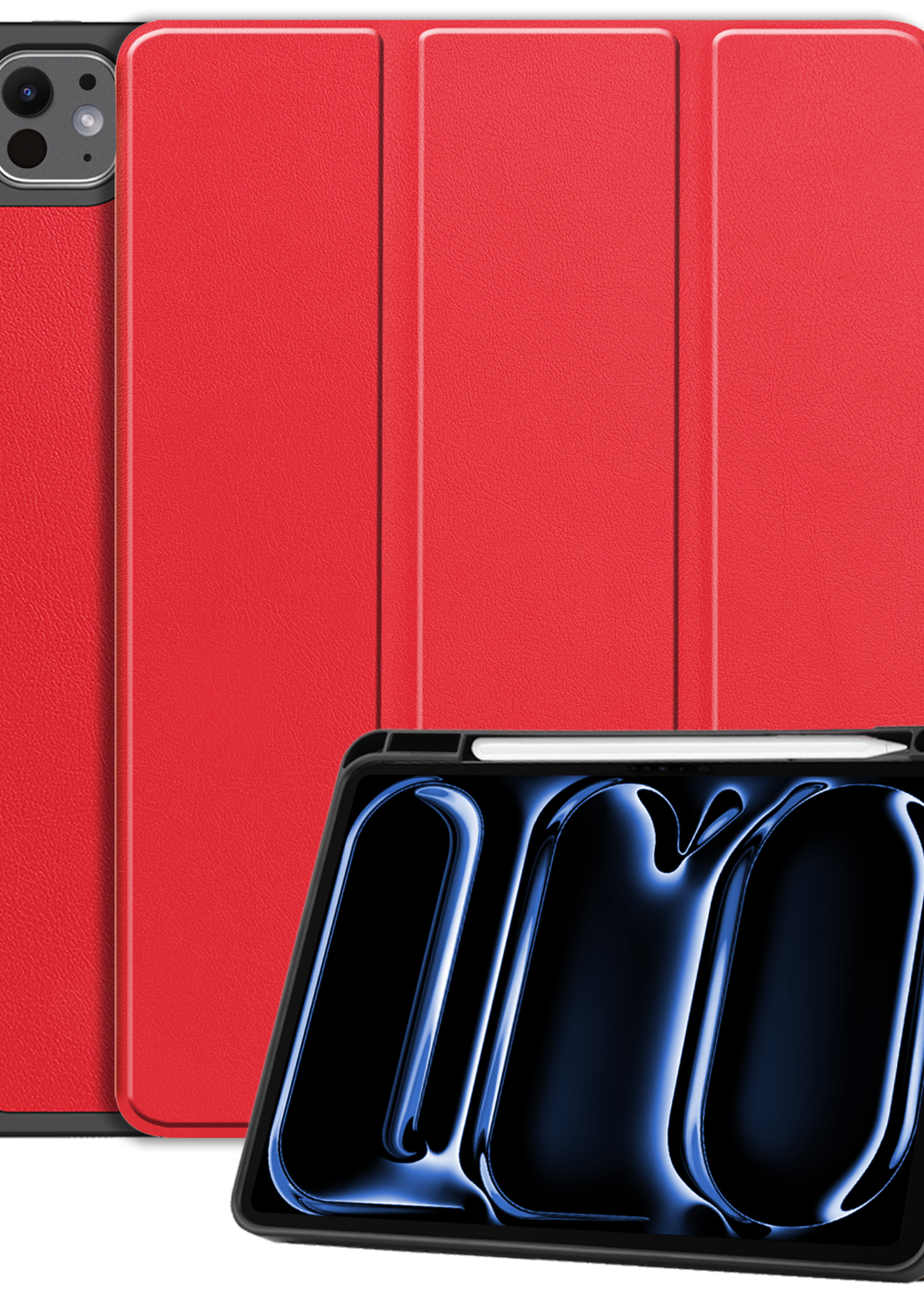 BTH Hoes Geschikt voor iPad Pro 2024 (13 inch) Hoes Book Case Hoesje Trifold Cover Met Uitsparing Geschikt voor Apple Pencil - Hoesje Geschikt voor iPad Pro 2024 13 inch (7e generatie) Hoesje Bookcase - Rood