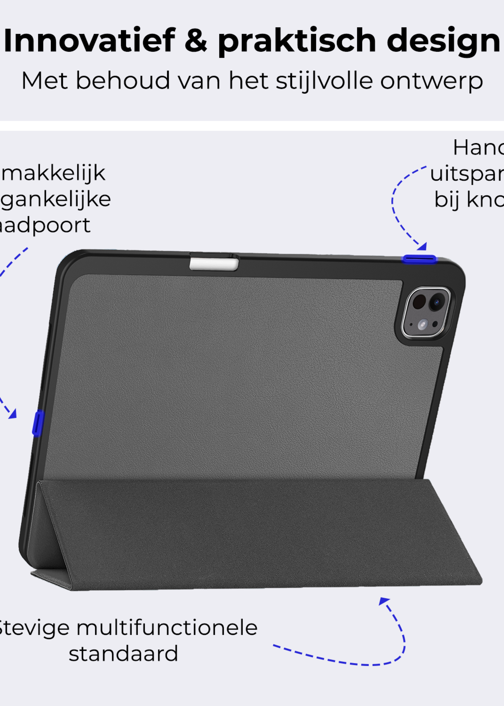 BTH Hoes Geschikt voor iPad Pro 2024 (13 inch) Hoes Book Case Hoesje Trifold Cover Met Uitsparing Geschikt voor Apple Pencil - Hoesje Geschikt voor iPad Pro 2024 13 inch (7e generatie) Hoesje Bookcase - Grijs