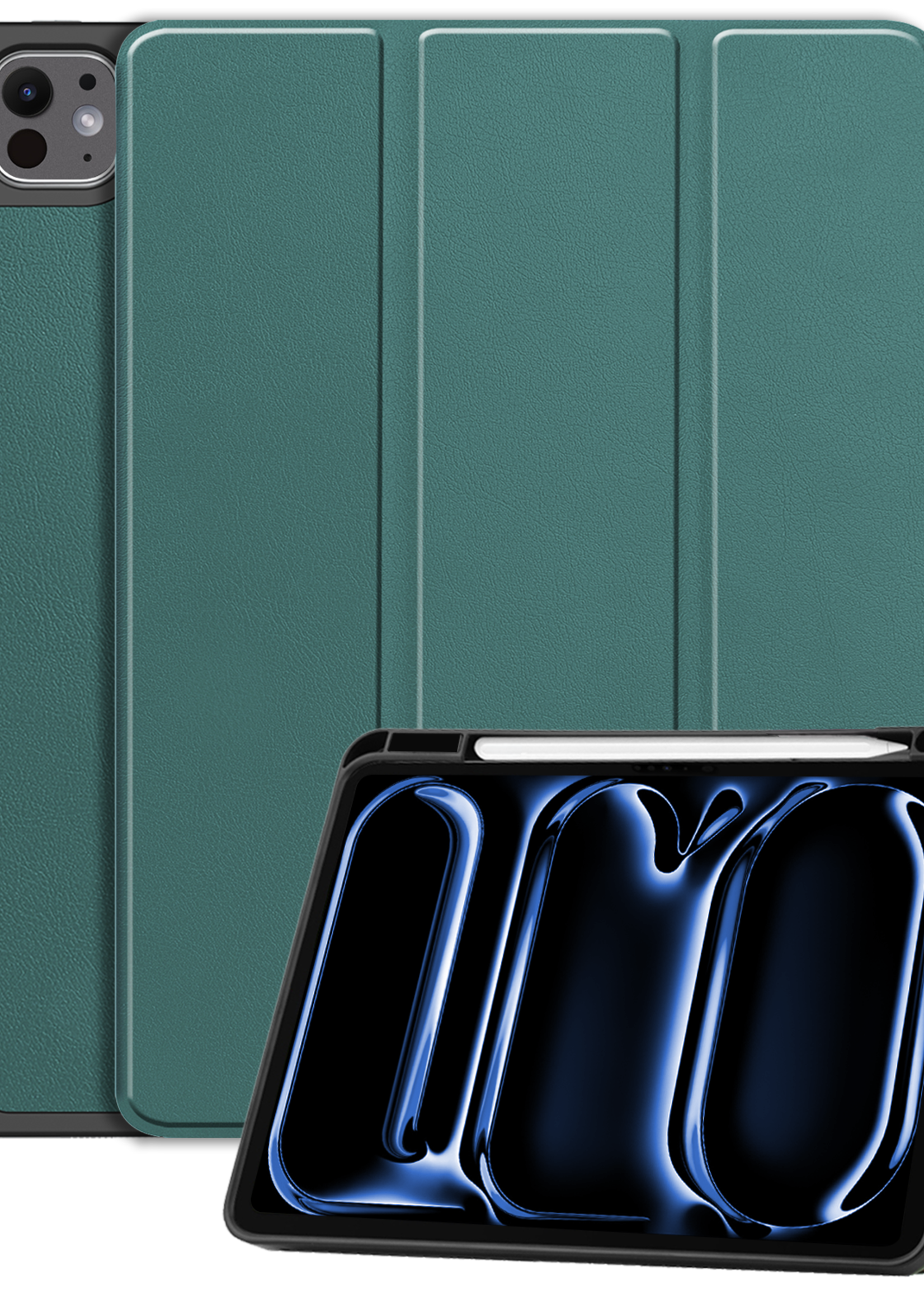 BTH Hoes Geschikt voor iPad Pro 2024 (13 inch) Hoes Book Case Hoesje Trifold Cover Met Uitsparing Geschikt voor Apple Pencil - Hoesje Geschikt voor iPad Pro 2024 13 inch (7e generatie) Hoesje Bookcase - Donkergroen
