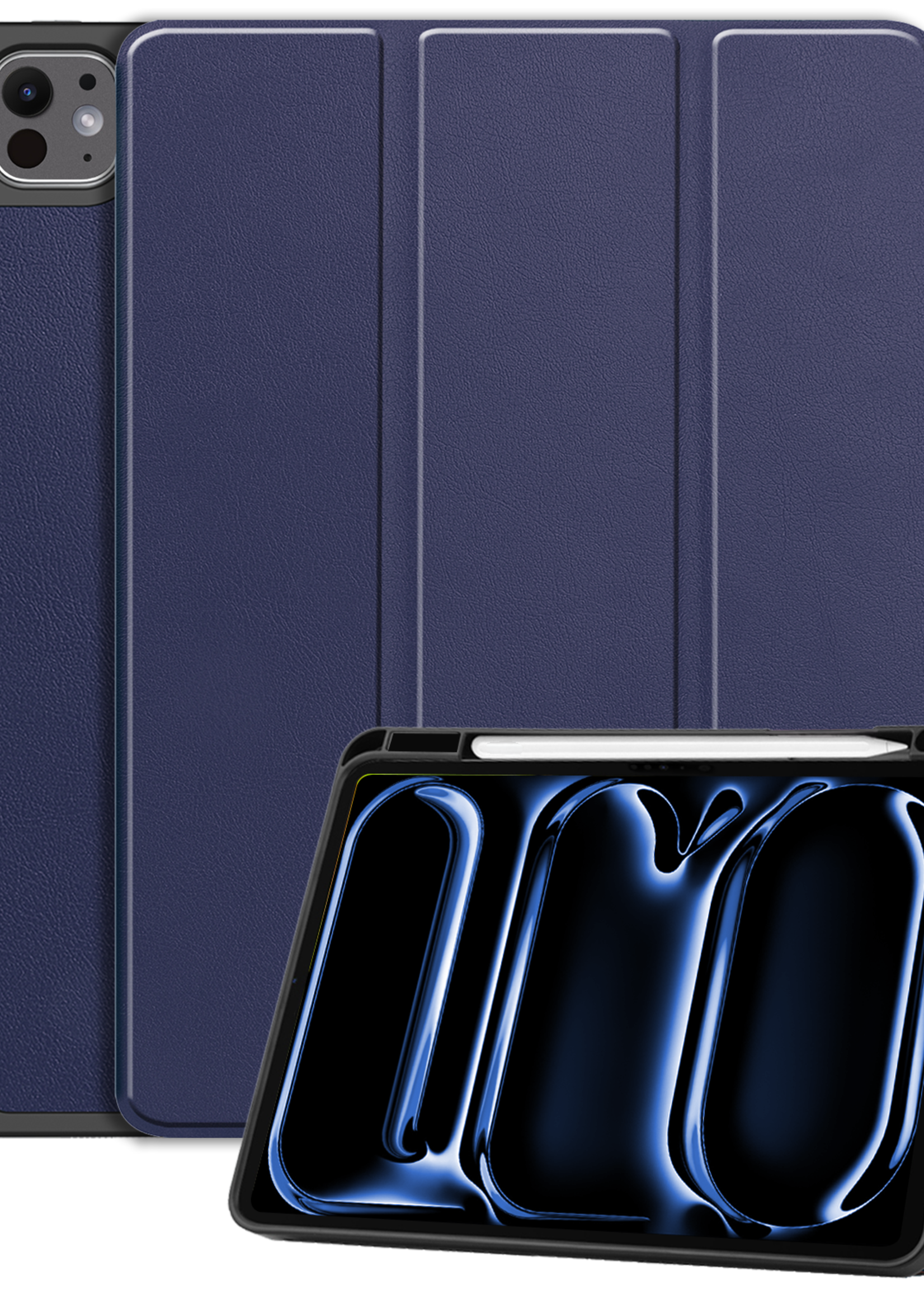BTH Hoes Geschikt voor iPad Pro 2024 (13 inch) Hoes Book Case Hoesje Trifold Cover Met Uitsparing Geschikt voor Apple Pencil - Hoesje Geschikt voor iPad Pro 2024 13 inch (7e generatie) Hoesje Bookcase - Donkerblauw