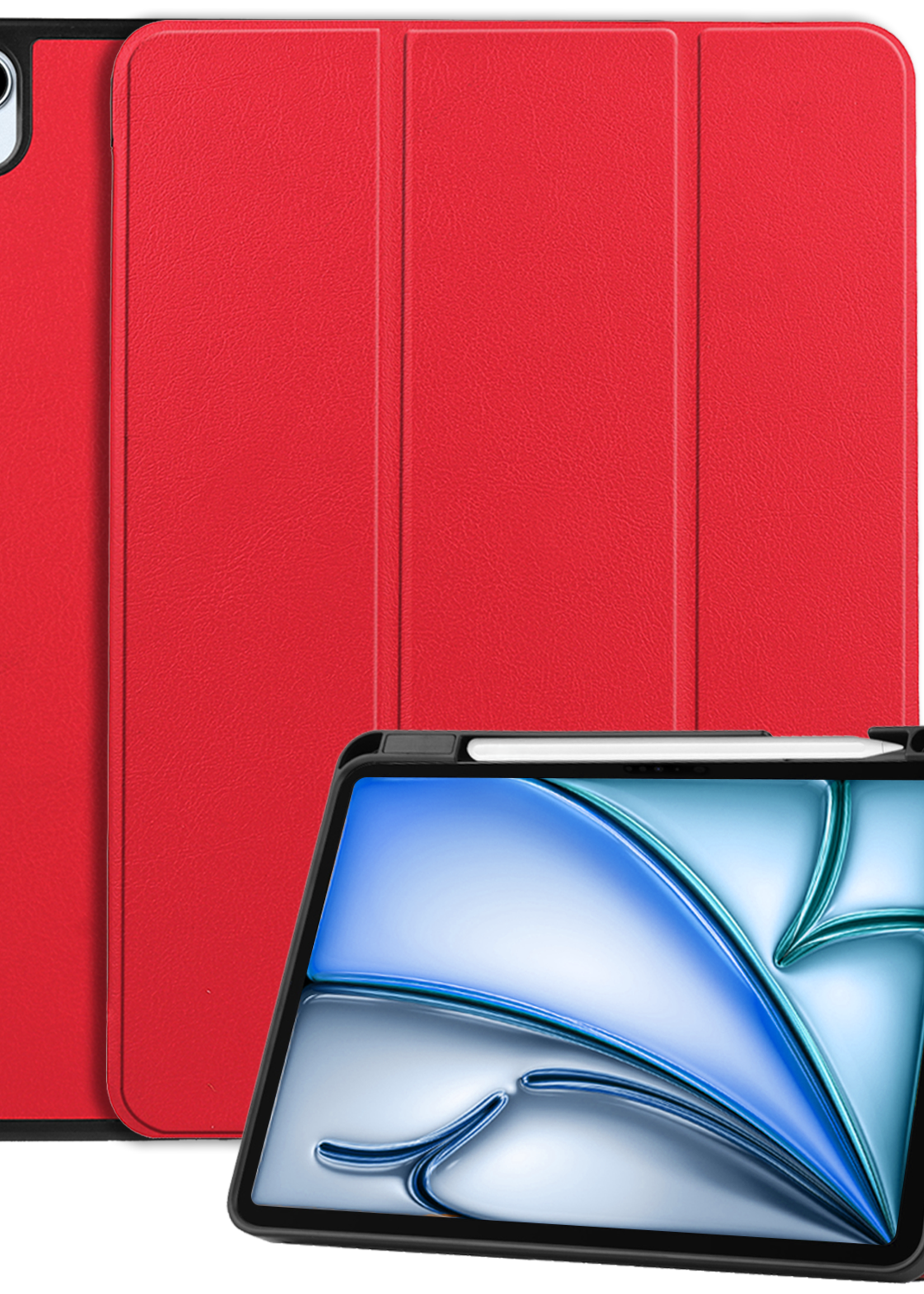 BTH Hoes Geschikt voor iPad Air 6 (13 inch) Hoes Book Case Hoesje Trifold Cover Met Uitsparing Geschikt voor Apple Pencil - Hoesje Geschikt voor iPad Air 2024 (13 inch) Hoesje Bookcase - Rood