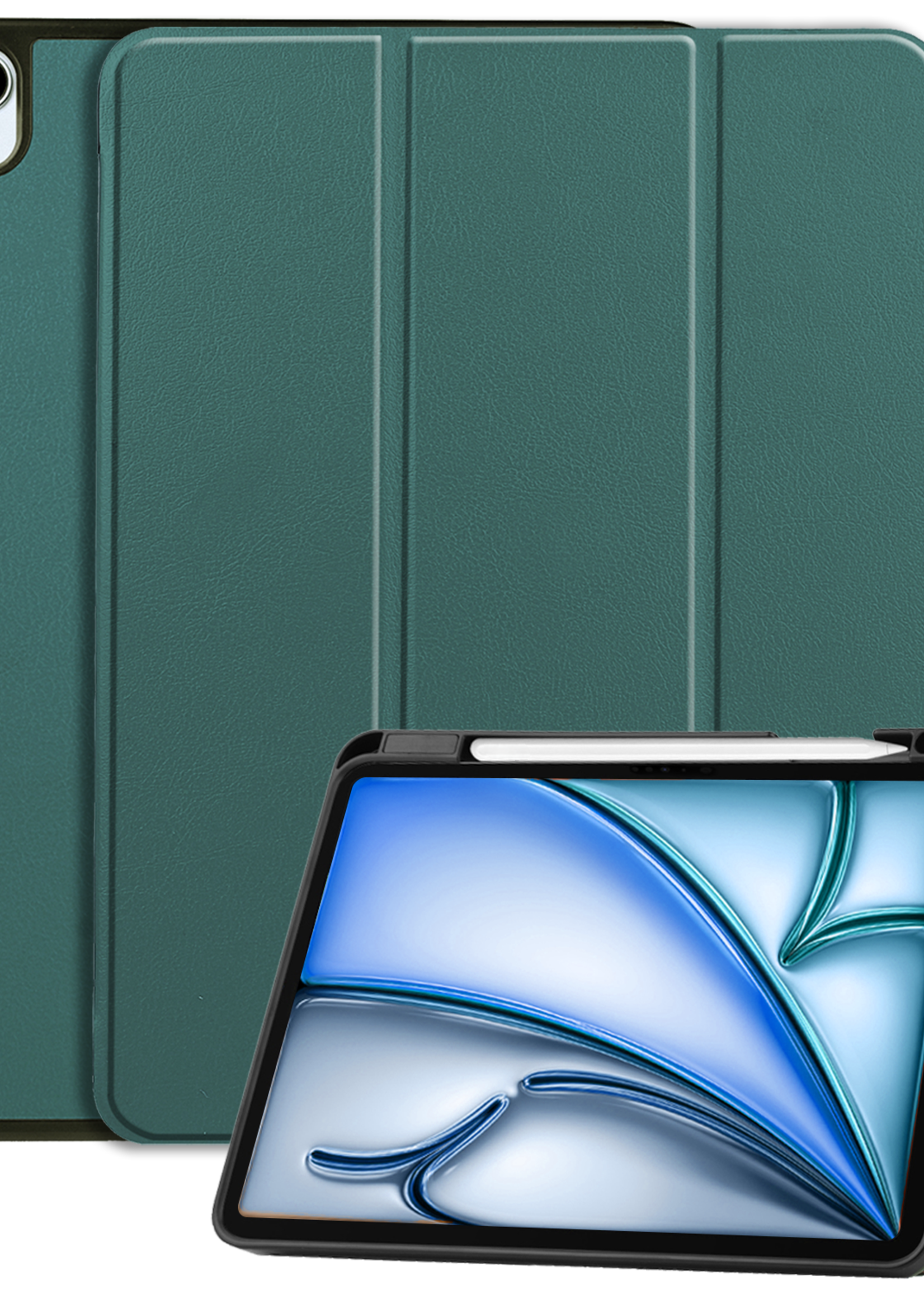 BTH Hoes Geschikt voor iPad Air 6 (13 inch) Hoes Book Case Hoesje Trifold Cover Met Uitsparing Geschikt voor Apple Pencil - Hoesje Geschikt voor iPad Air 2024 (13 inch) Hoesje Bookcase - Donkergroen