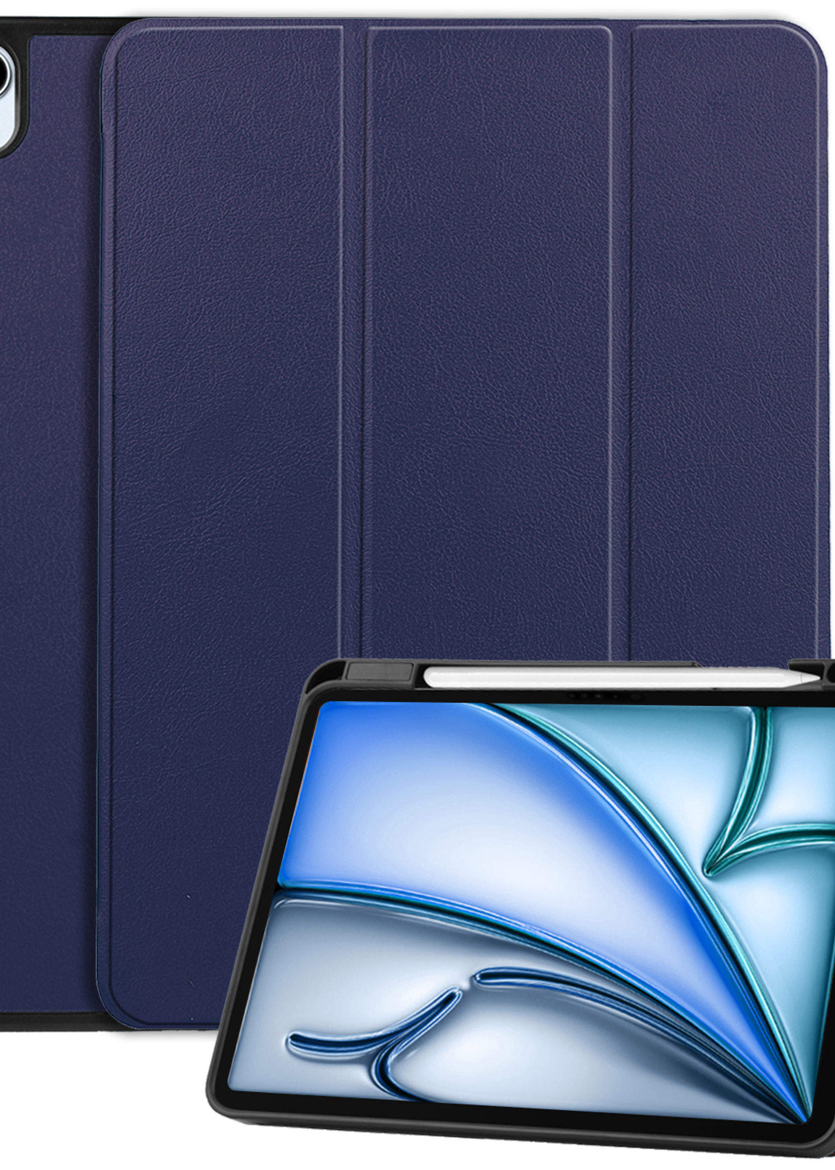 BTH Hoes Geschikt voor iPad Air 6 (13 inch) Hoes Book Case Hoesje Trifold Cover Met Uitsparing Geschikt voor Apple Pencil - Hoesje Geschikt voor iPad Air 2024 (13 inch) Hoesje Bookcase - Donkerblauw