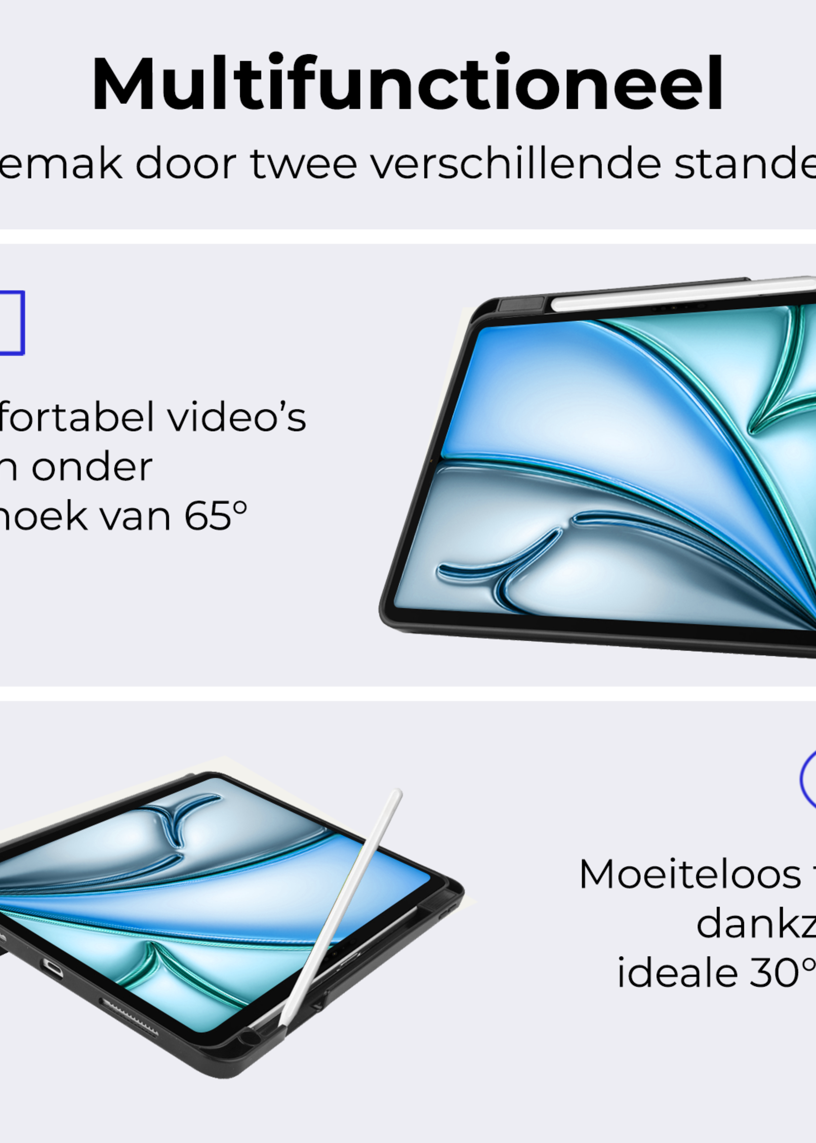BTH Hoes Geschikt voor iPad Air 6 (13 inch) Hoes Book Case Hoesje Trifold Cover Met Uitsparing Geschikt voor Apple Pencil Met Screenprotector - Hoesje Geschikt voor iPad Air 2024 (13 inch) Hoesje Bookcase - Grijs