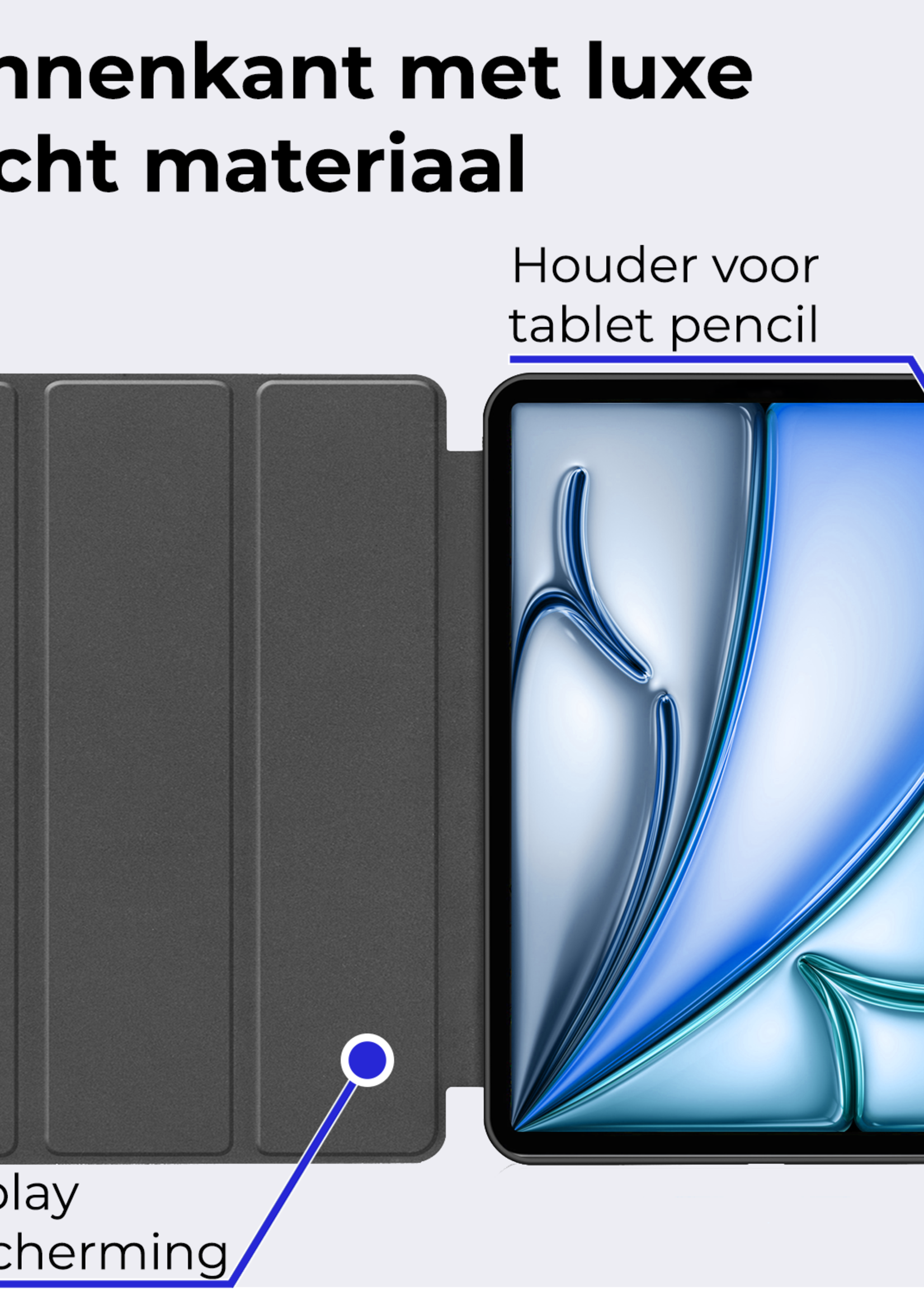 BTH Hoes Geschikt voor iPad Air 6 (13 inch) Hoes Book Case Hoesje Trifold Cover Met Uitsparing Geschikt voor Apple Pencil Met Screenprotector - Hoesje Geschikt voor iPad Air 2024 (13 inch) Hoesje Bookcase - Grijs