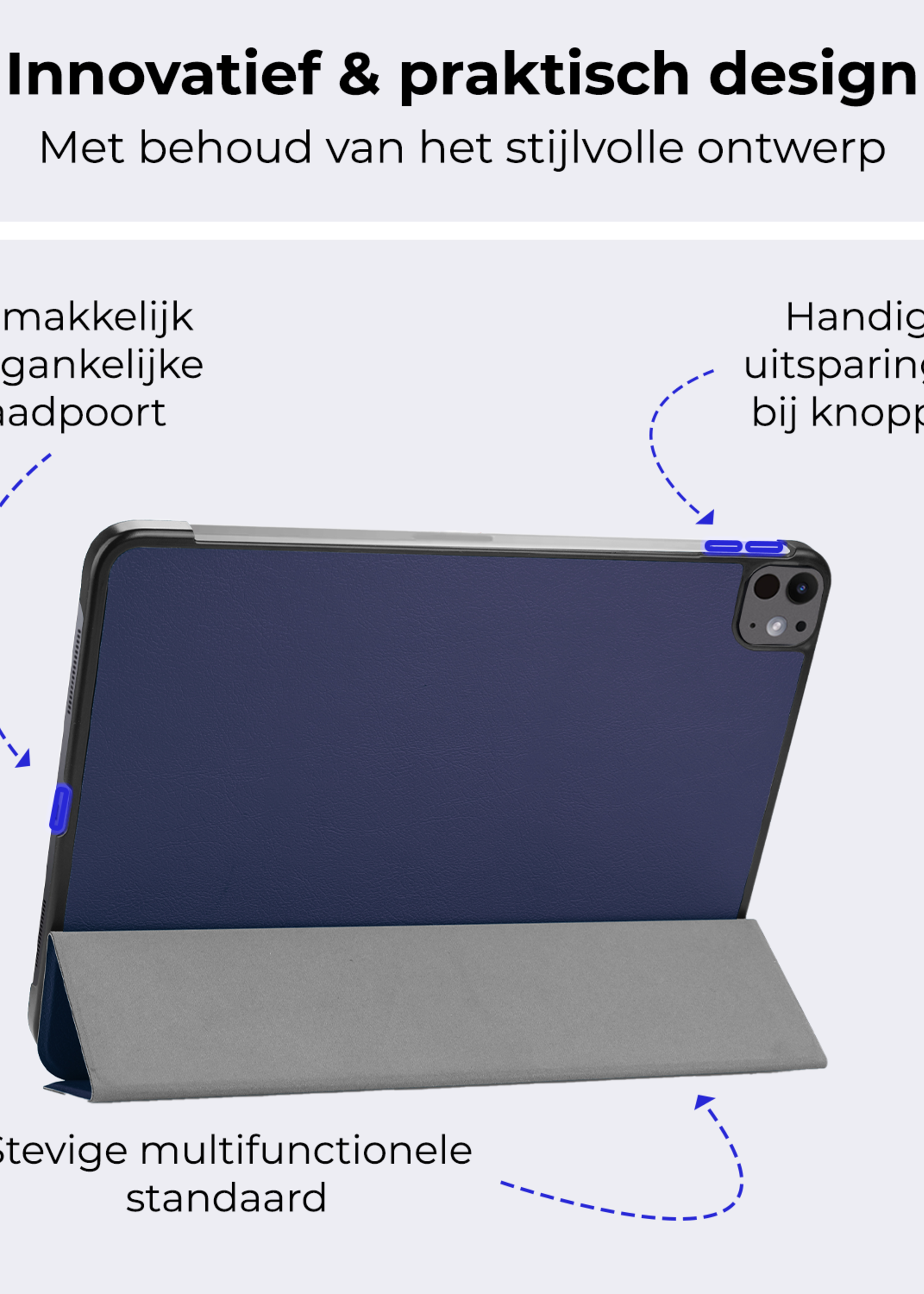 BTH Hoes Geschikt voor iPad Pro 2024 (11 inch) Hoes Book Case Hoesje Trifold Cover Met Screenprotector - Hoesje Geschikt voor iPad Pro 2024 11 inch (7e generatie) Hoesje Bookcase - Donkerblauw