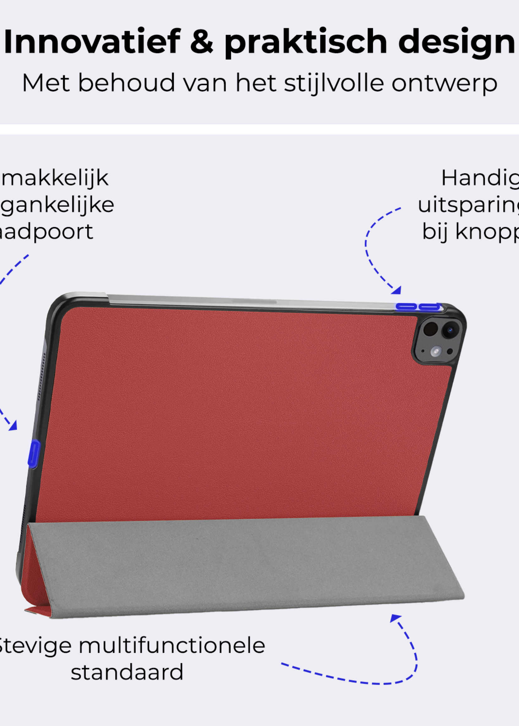 BTH Hoes Geschikt voor iPad Pro 2024 (11 inch) Hoes Book Case Hoesje Trifold Cover Met Screenprotector - Hoesje Geschikt voor iPad Pro 2024 11 inch (7e generatie) Hoesje Bookcase - Donkerrood
