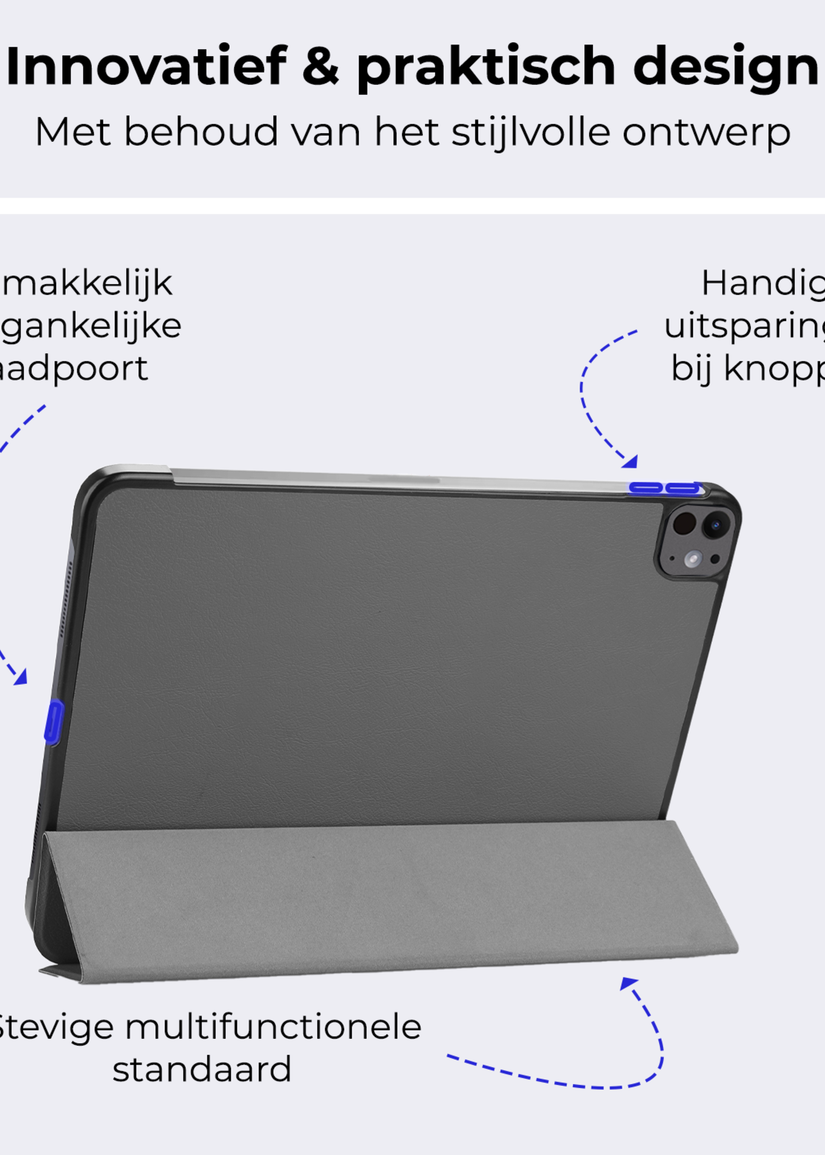 BTH Hoes Geschikt voor iPad Pro 2024 (11 inch) Hoes Book Case Hoesje Trifold Cover Met Screenprotector - Hoesje Geschikt voor iPad Pro 2024 11 inch (7e generatie) Hoesje Bookcase - Grijs